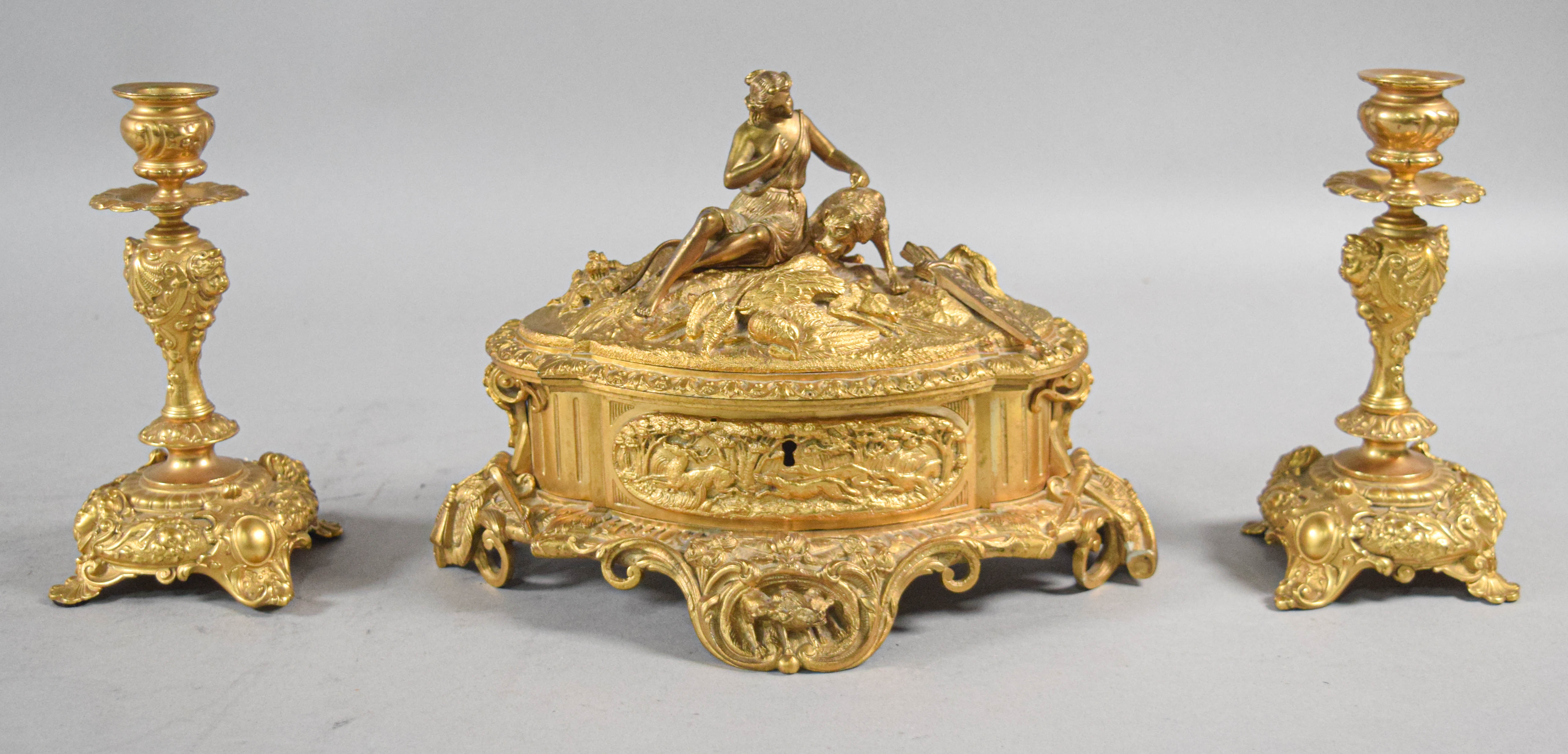 Rococo Revival Gilt Bronze Diana the Huntress Garniture Set