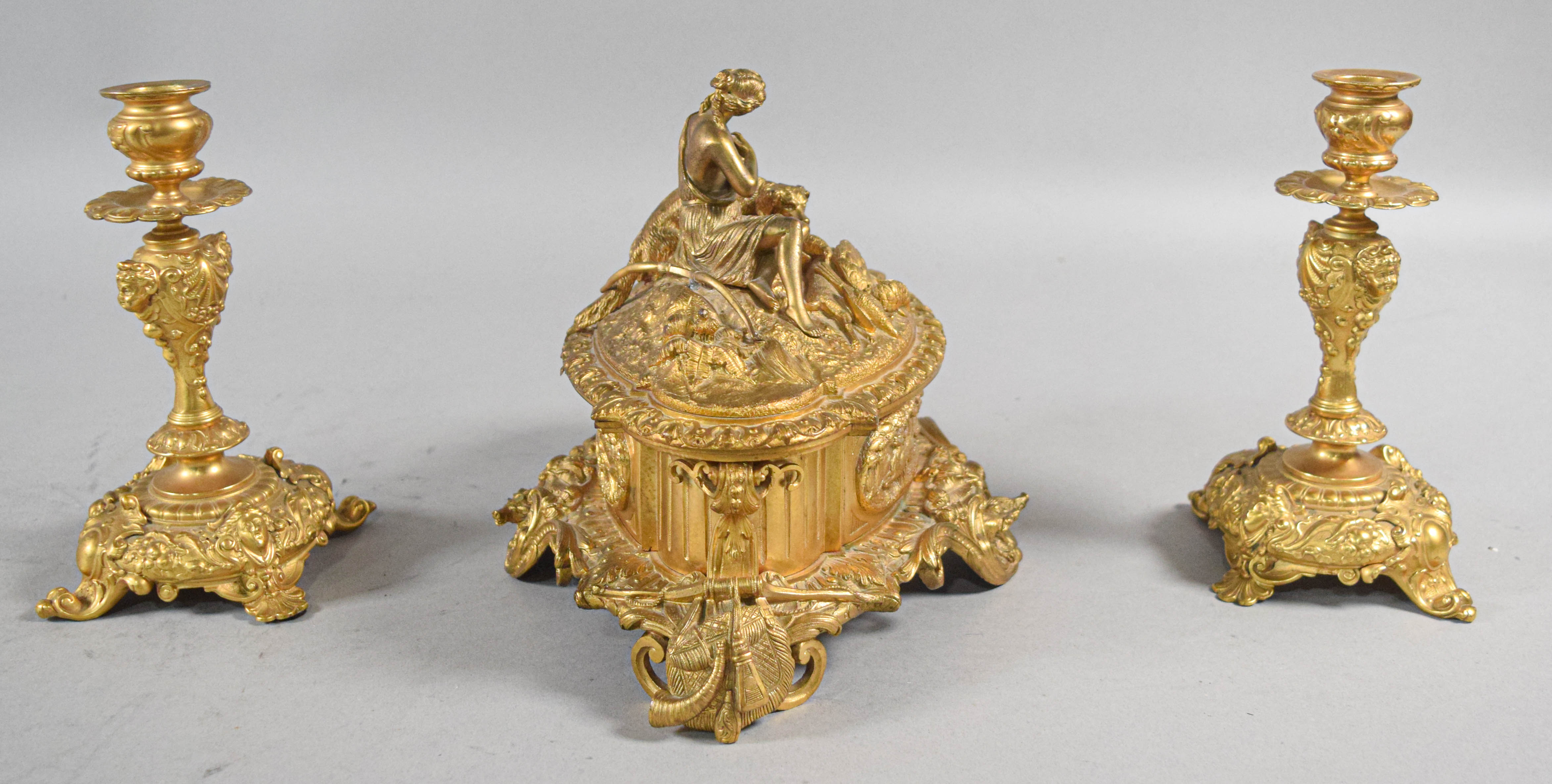Rococo Revival Gilt Bronze Diana the Huntress Garniture Set