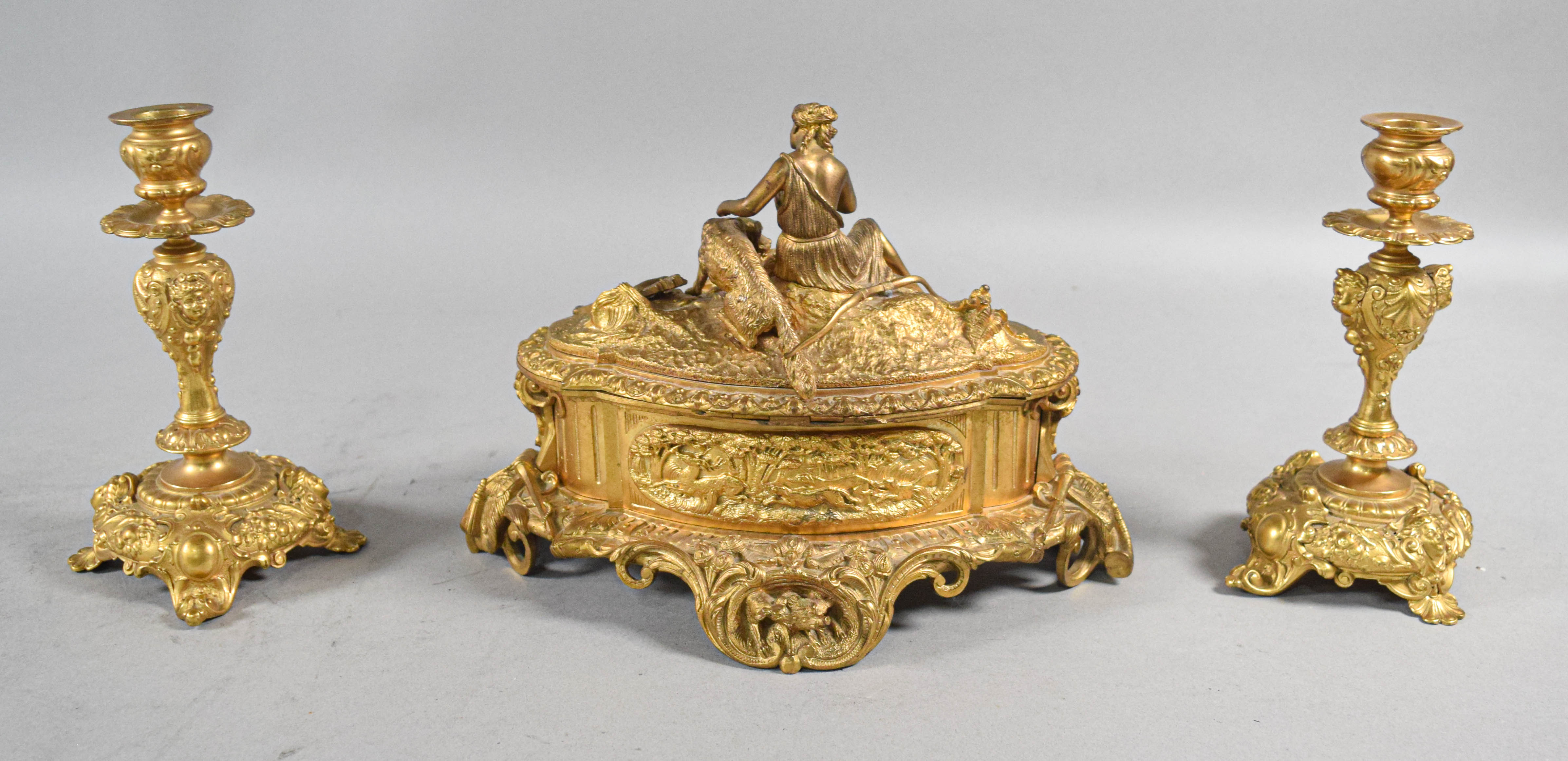 Rococo Revival Gilt Bronze Diana the Huntress Garniture Set