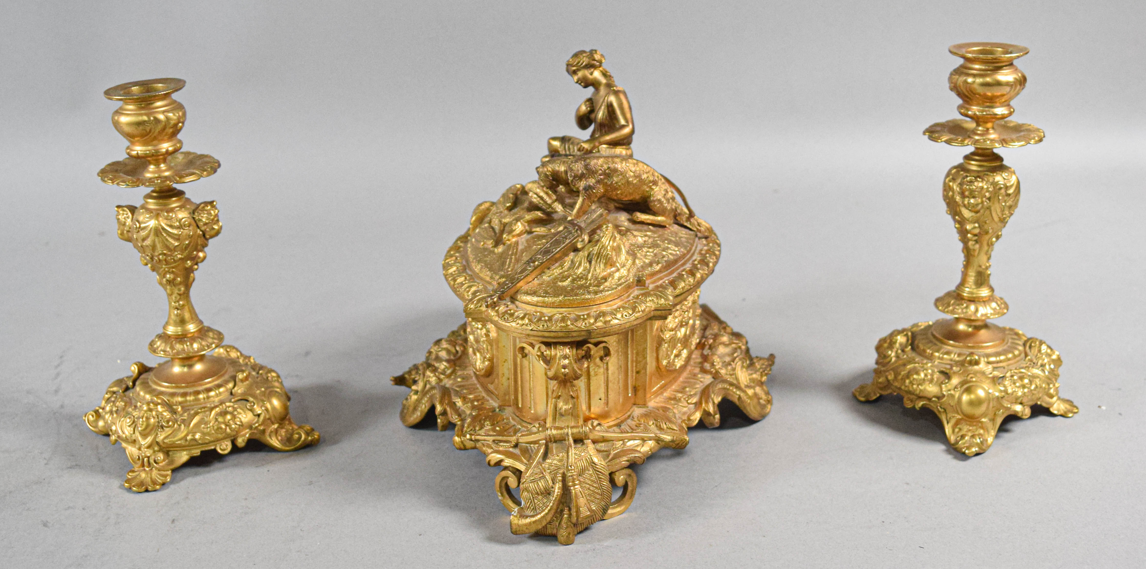 Rococo Revival Gilt Bronze Diana the Huntress Garniture Set