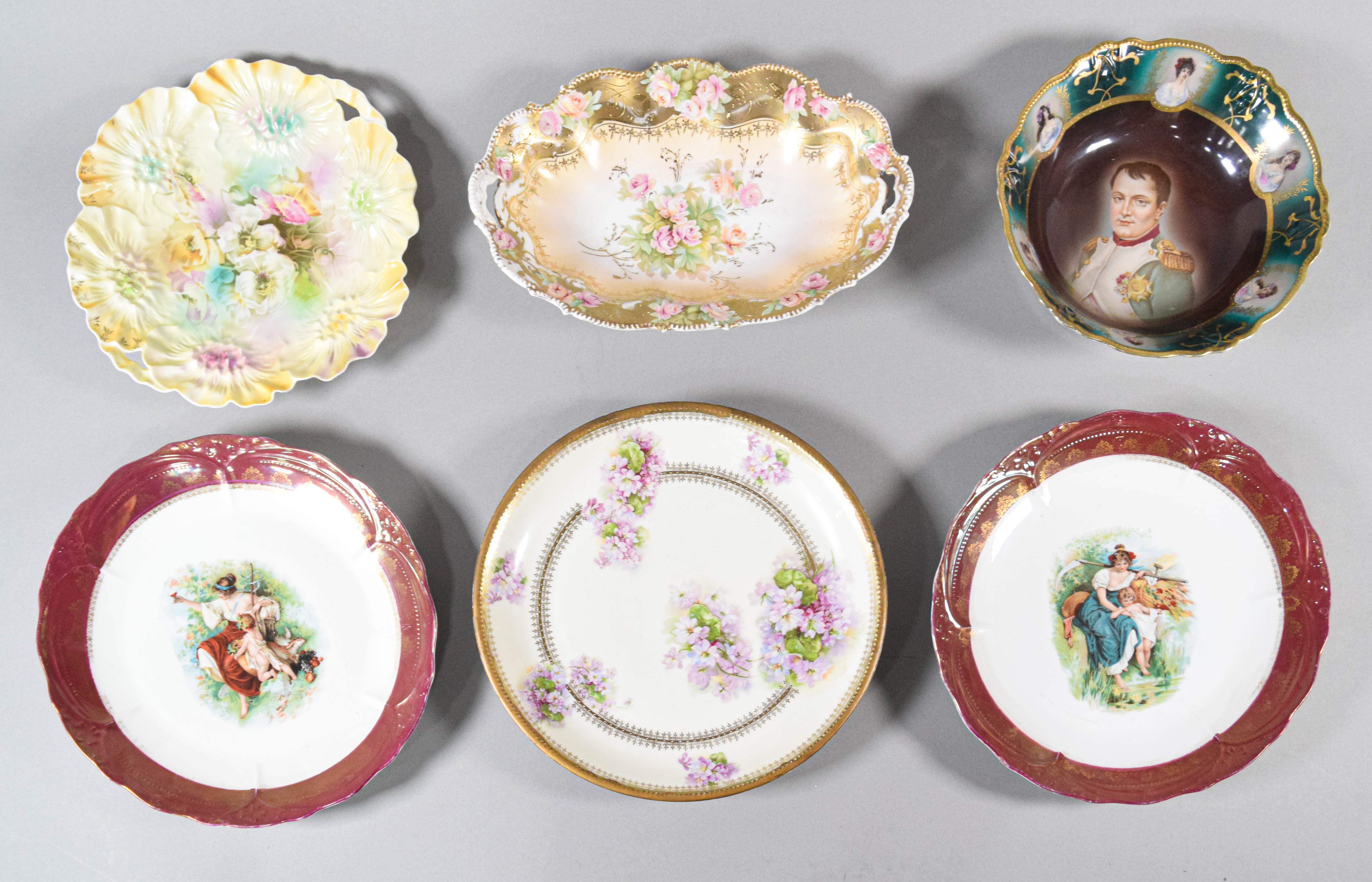 A Collection of Six Decorative Porcelain Plates and Bowls Including R.S. Prussia and Fraureuth