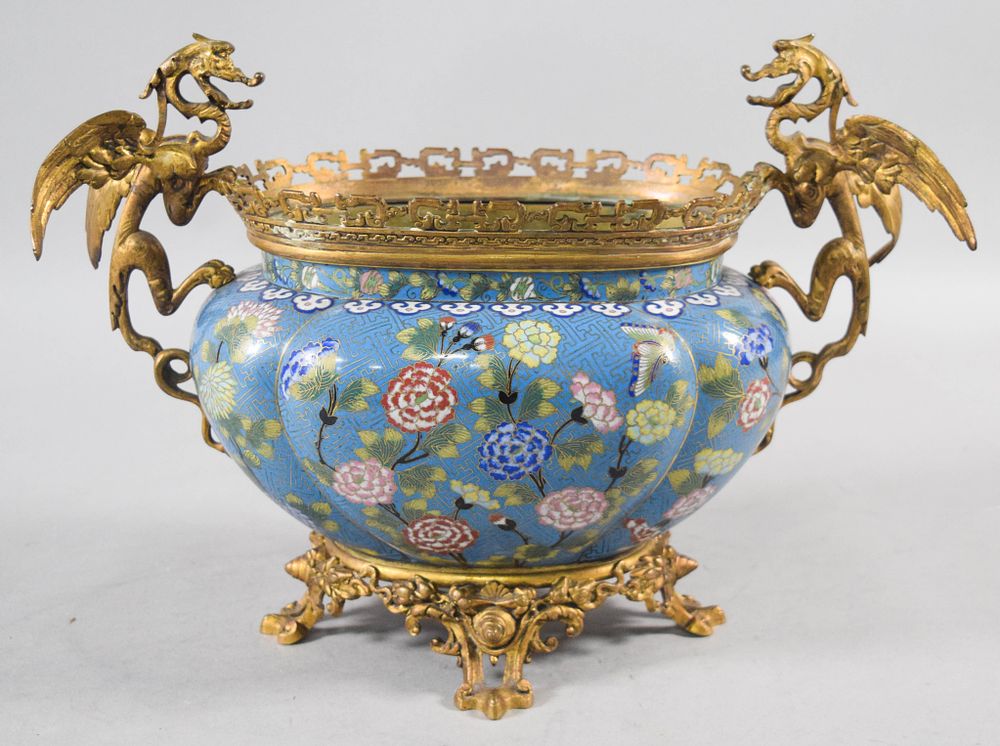 Lot 182: Chinese Cloisonne Enamel and Gilt Bronze Mounted Jardiniere Retailed by Au Bon Marche