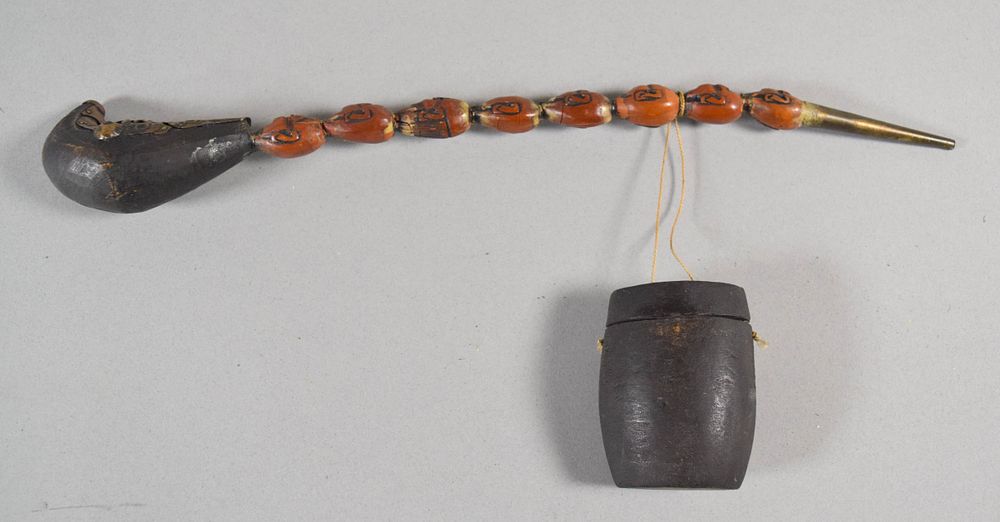 Lot 179: Japanese Carved Wood Opium Pipe with Matching Container