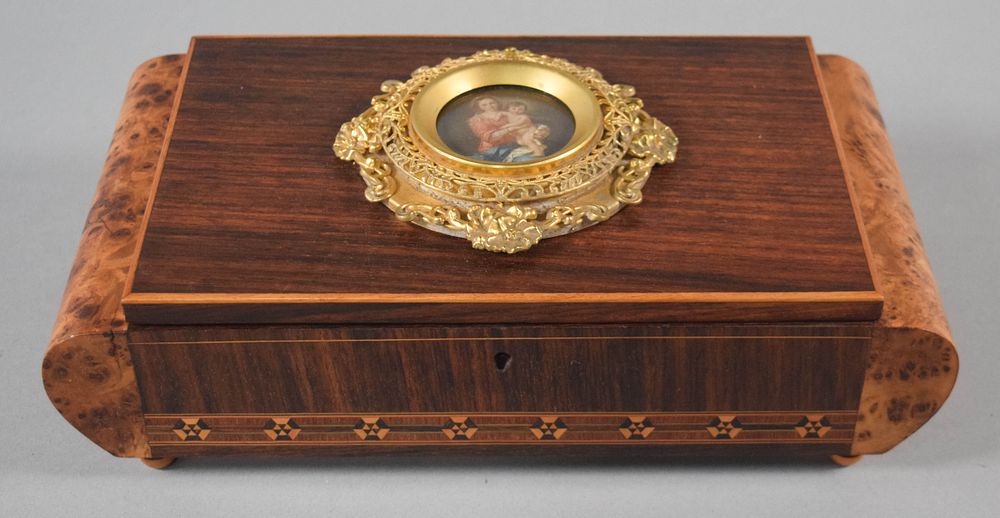 Lot 260: 19th Century Rosewood and Circassian Walnut Jewelry Box with Hand-Painted Miniature on Bone