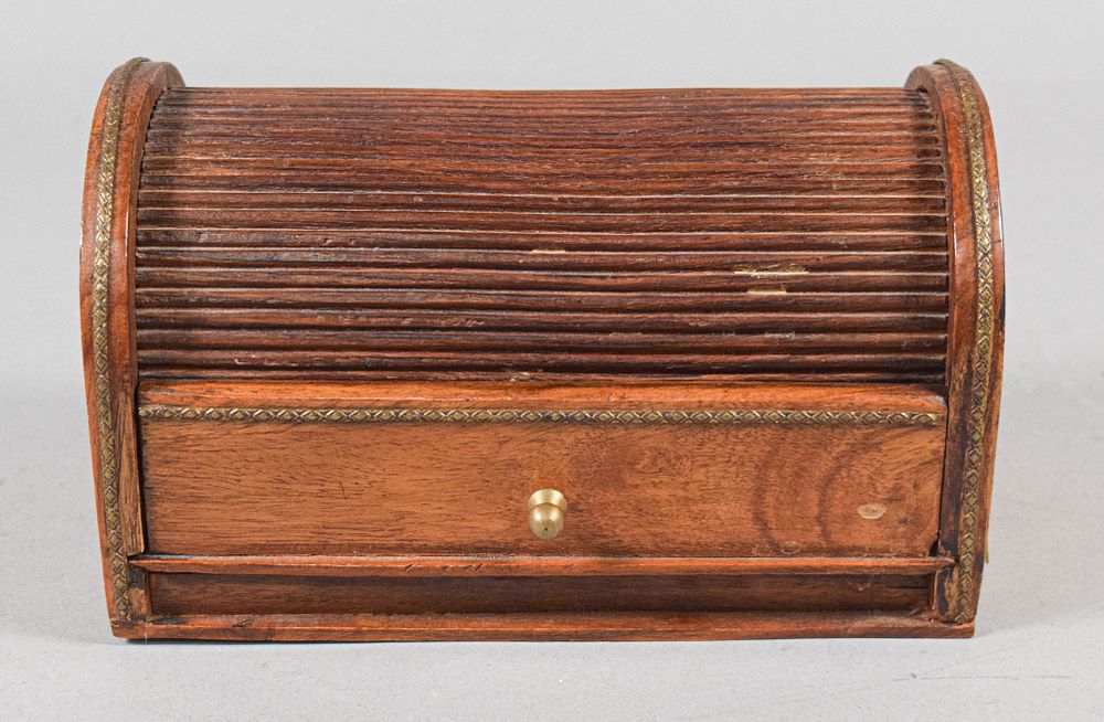 Lot 261: English Walnut Tambour Desk Box with Brass Inlay