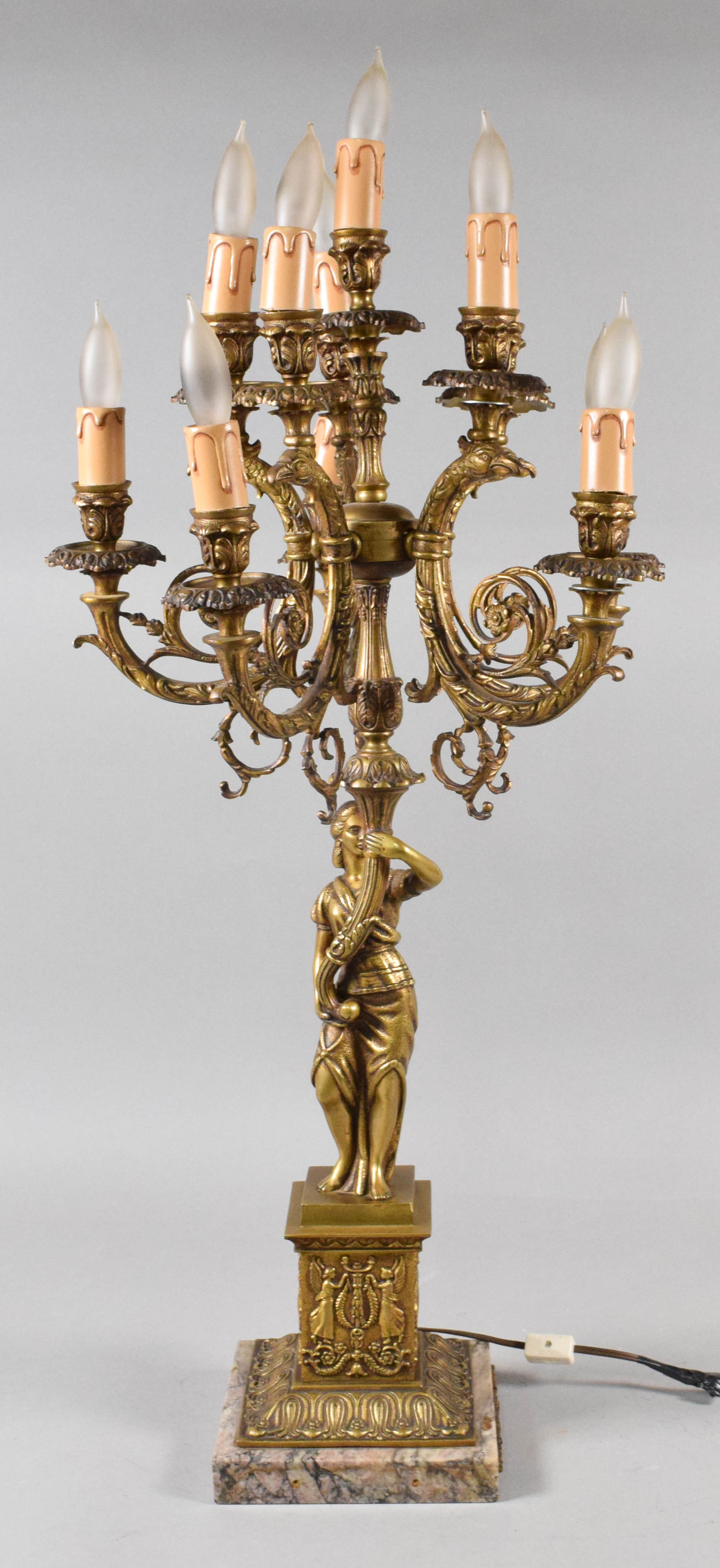Ten-Light Gilt Metal and Marble Figural Candelabra Lamp