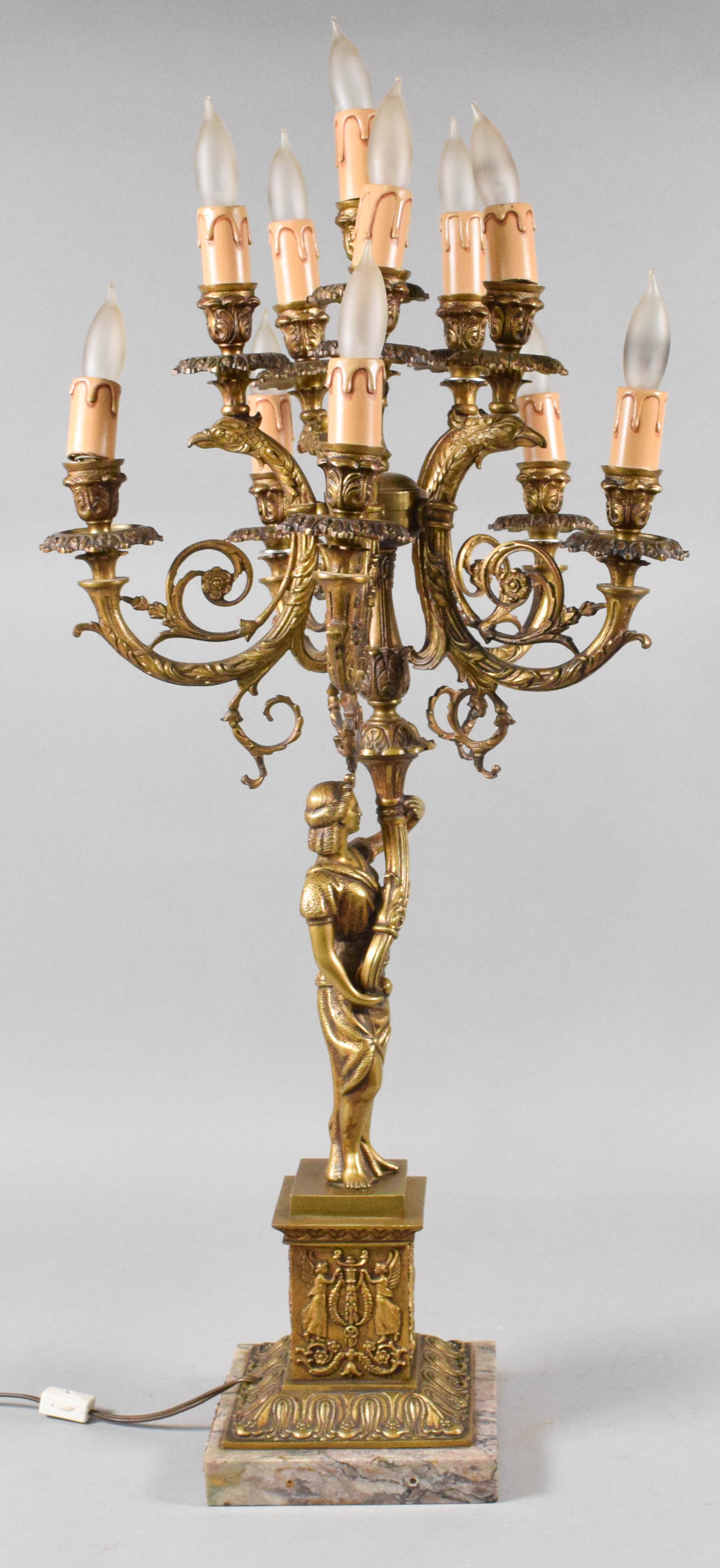 Ten-Light Gilt Metal and Marble Figural Candelabra Lamp