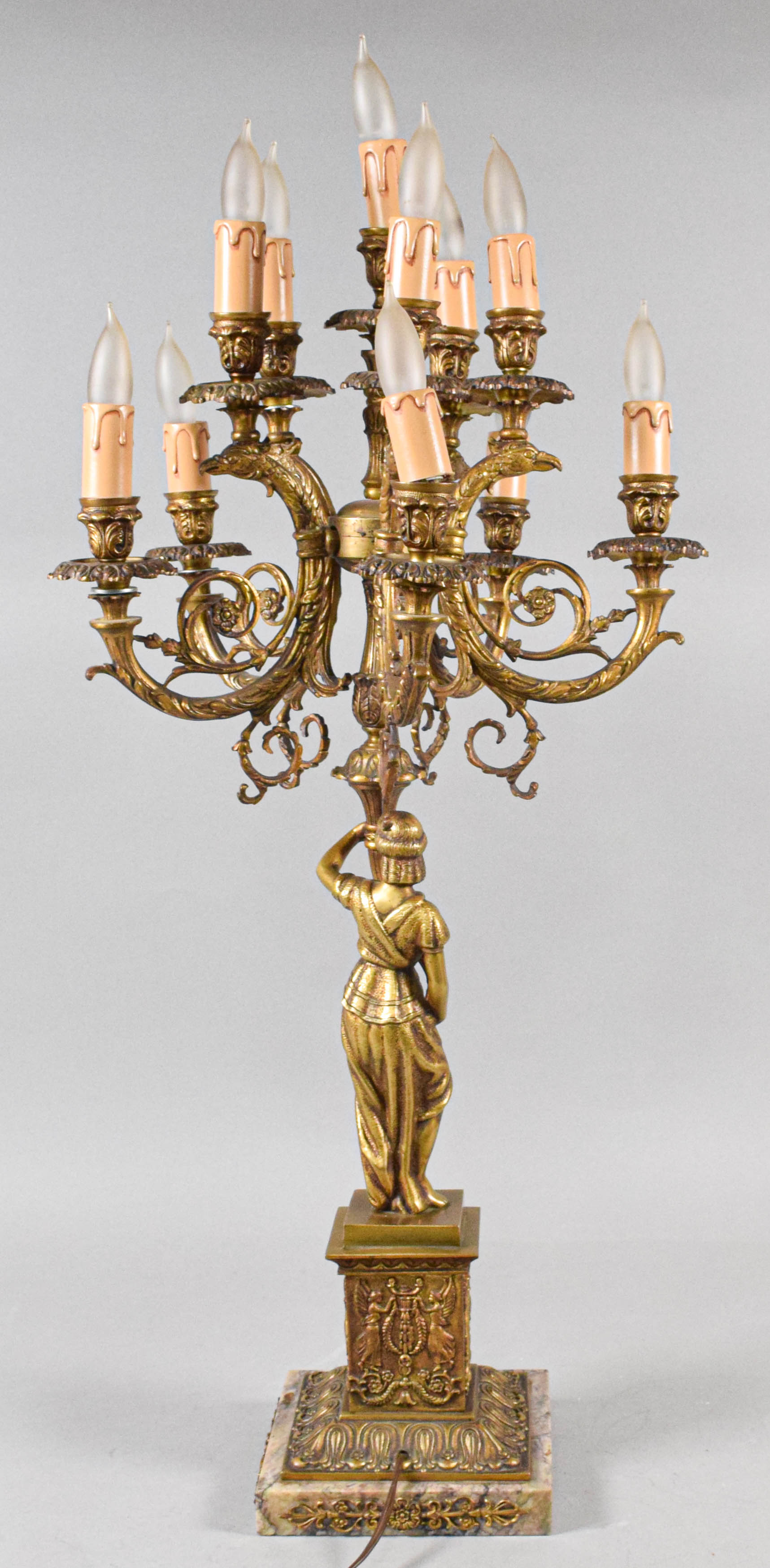 Ten-Light Gilt Metal and Marble Figural Candelabra Lamp