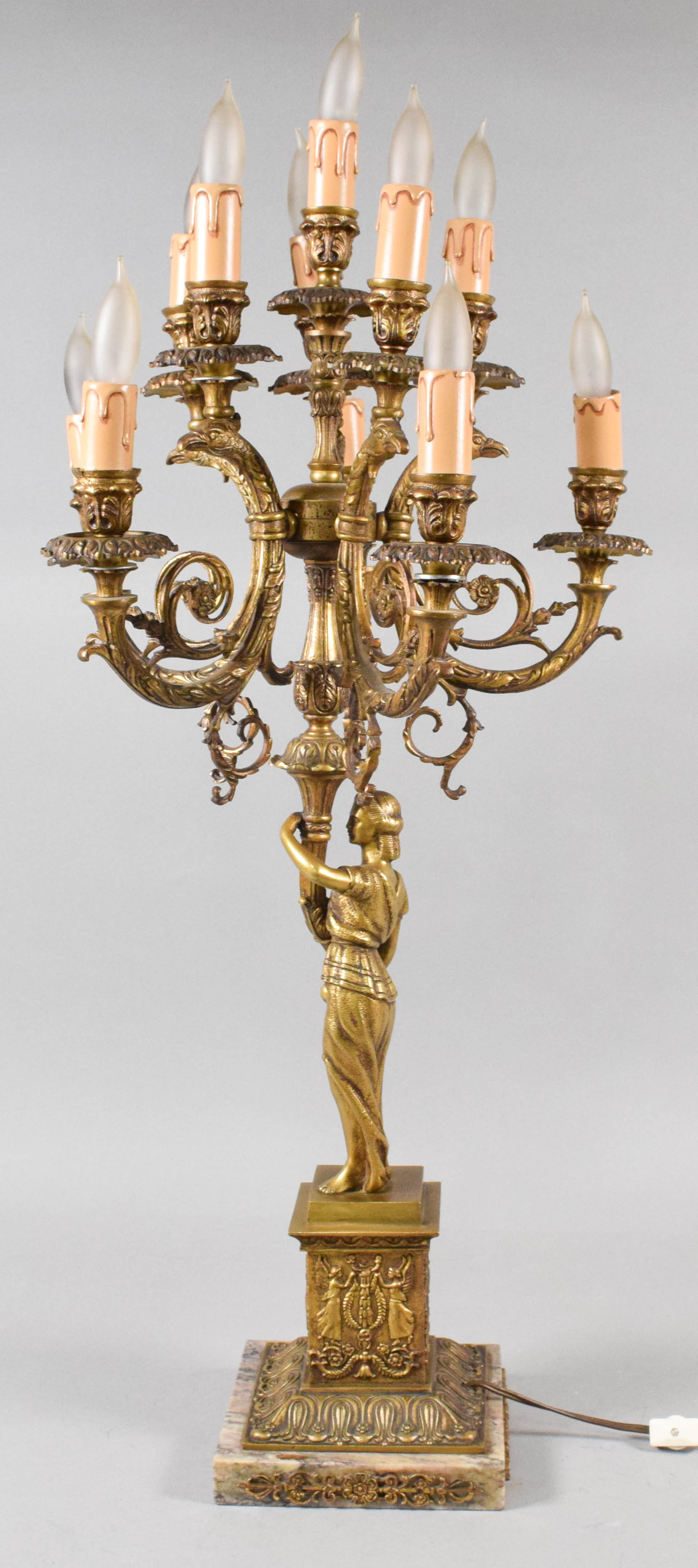 Ten-Light Gilt Metal and Marble Figural Candelabra Lamp
