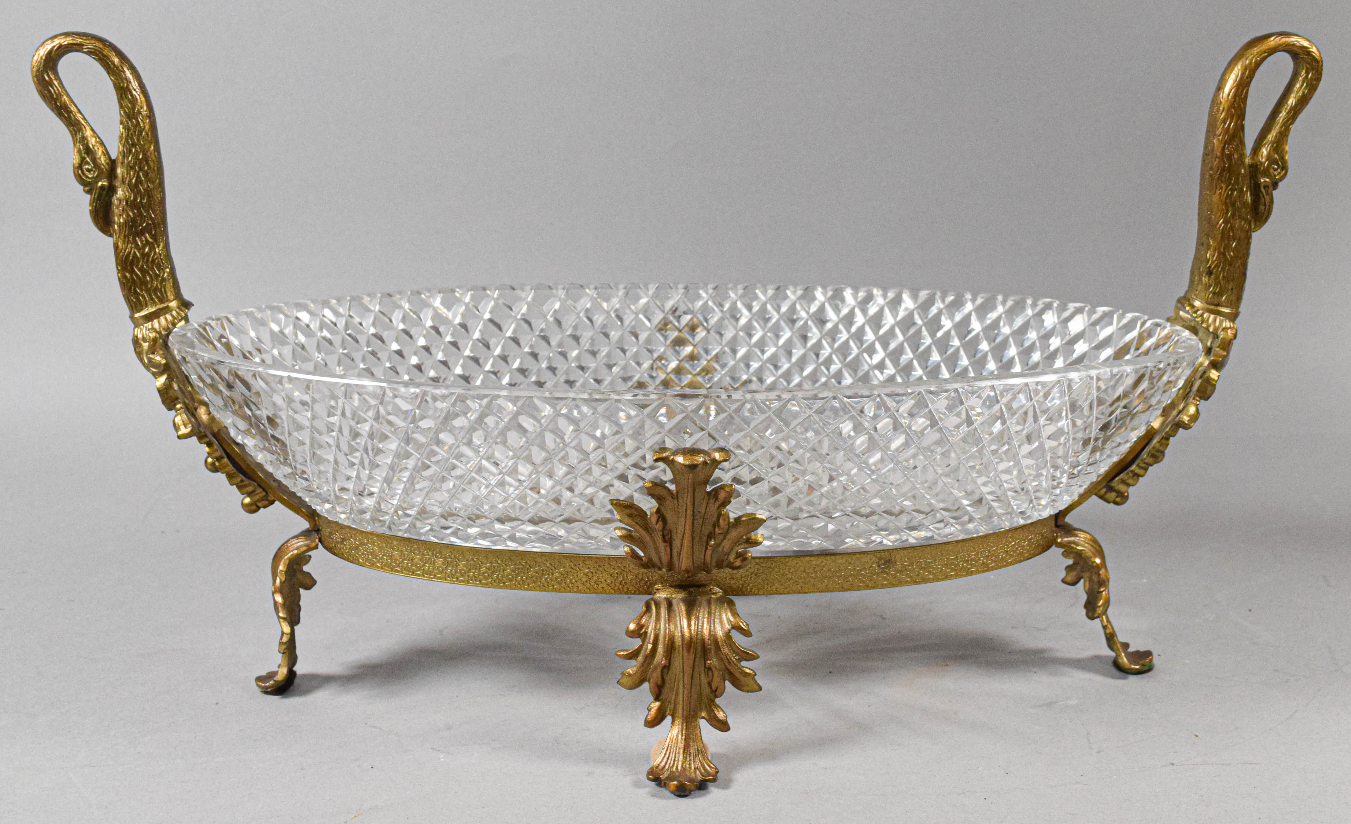 Neoclassical Style Ormolu Mounted Cut Crystal Swan Motif Centerpiece