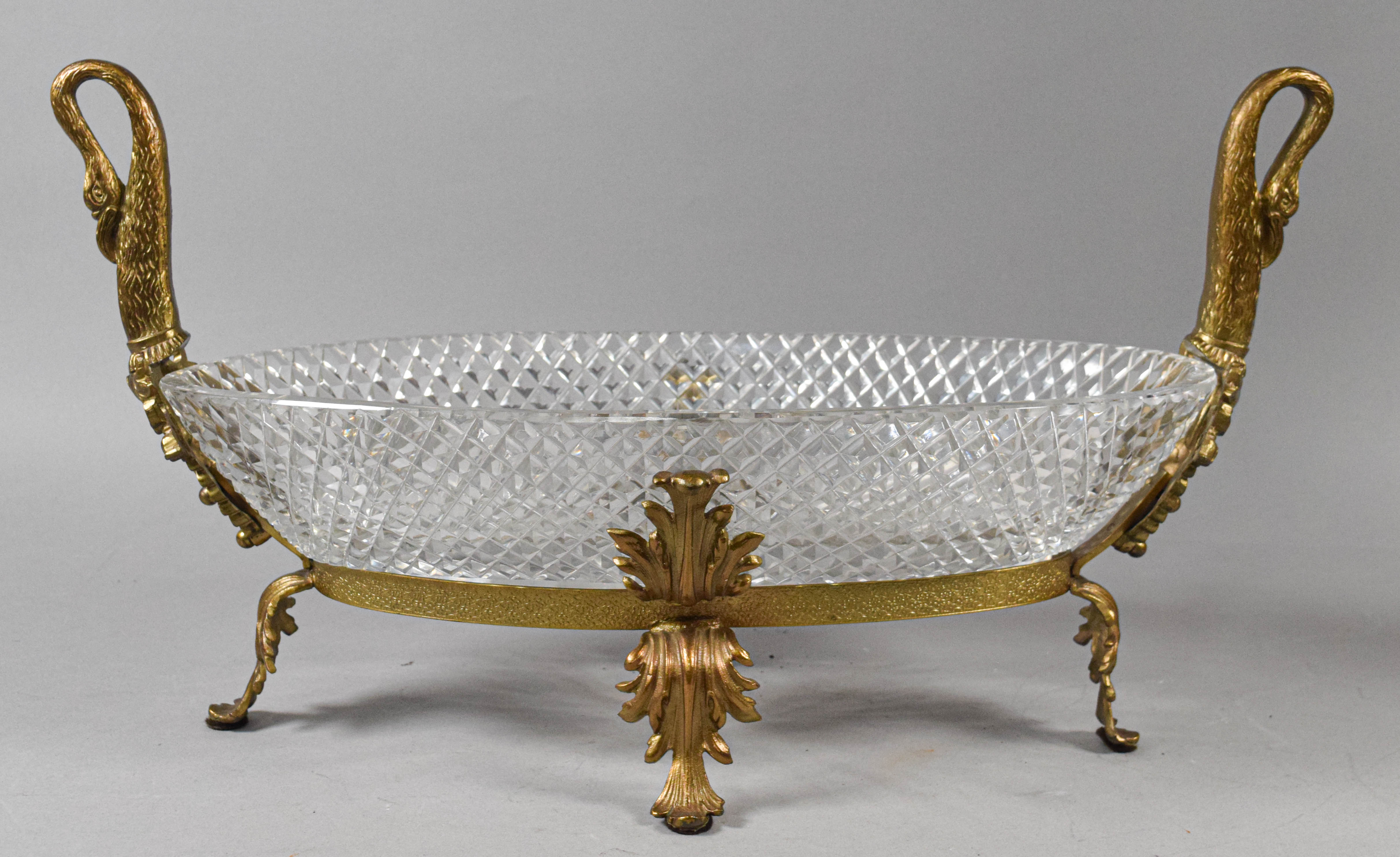 Neoclassical Style Ormolu Mounted Cut Crystal Swan Motif Centerpiece