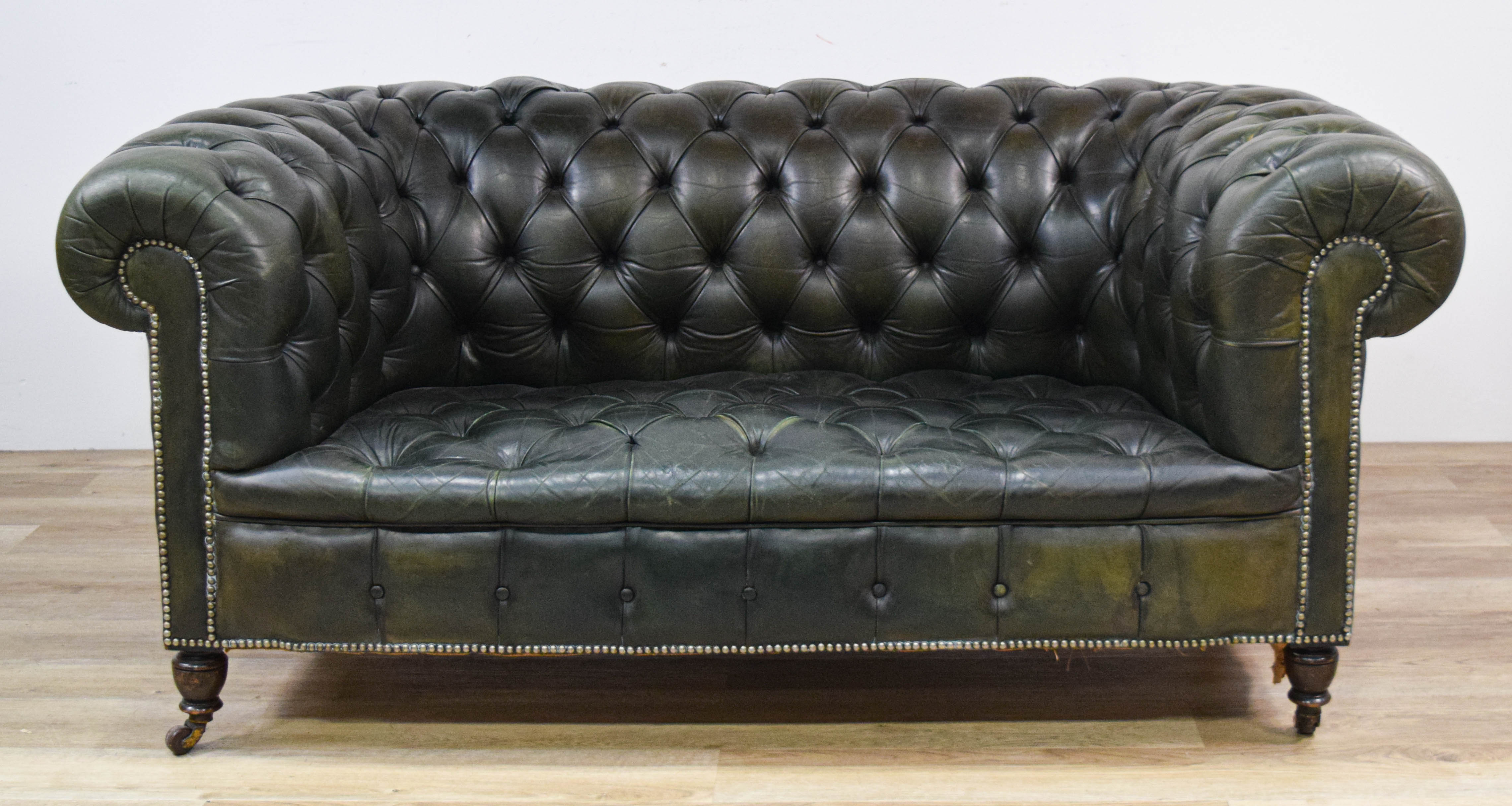 Chesterfield Style Green Leather Loveseat