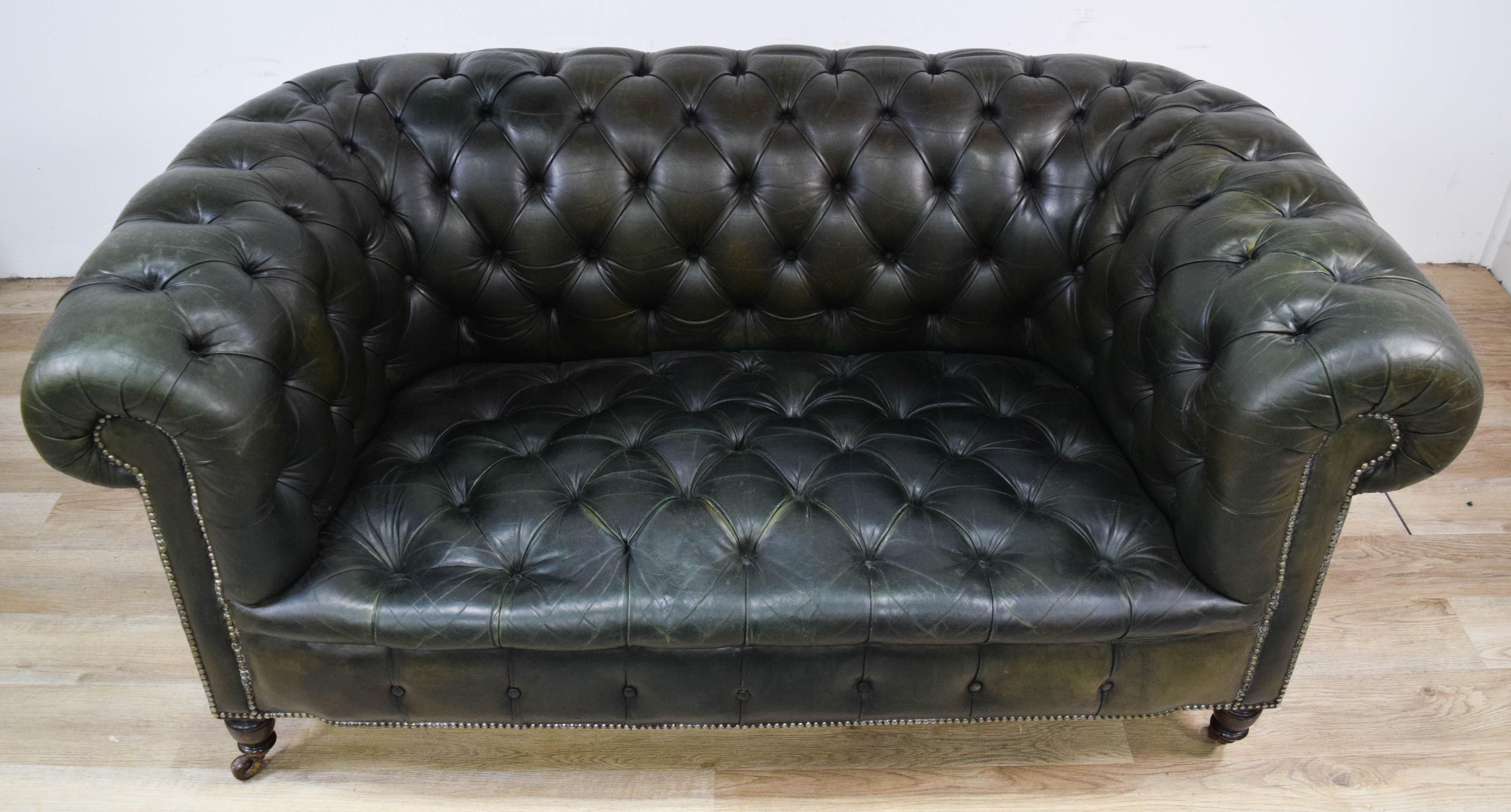 Chesterfield Style Green Leather Loveseat
