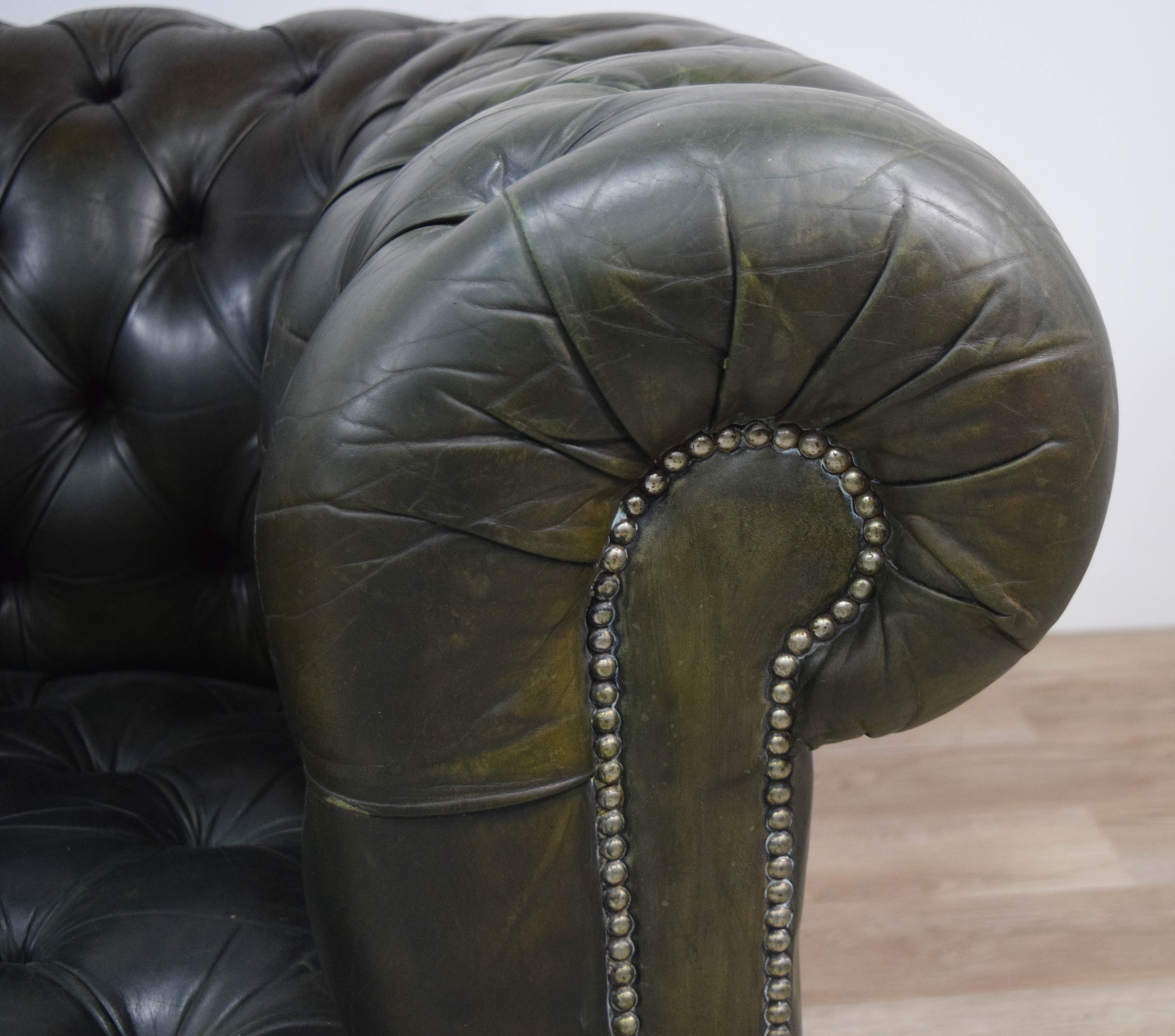Chesterfield Style Green Leather Loveseat
