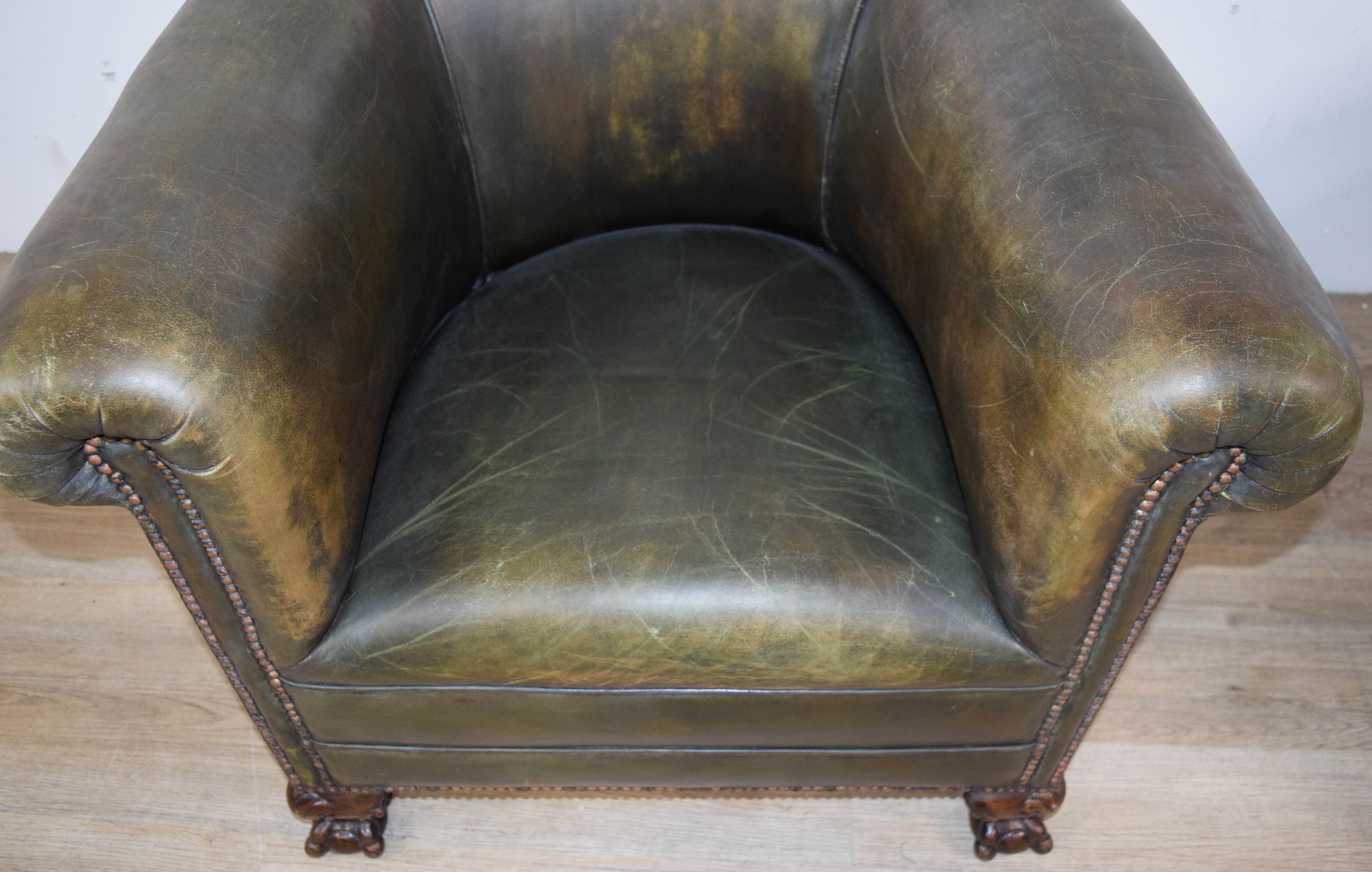 Pair of Green Leather Club Chairs with Ball and Claw Feet
