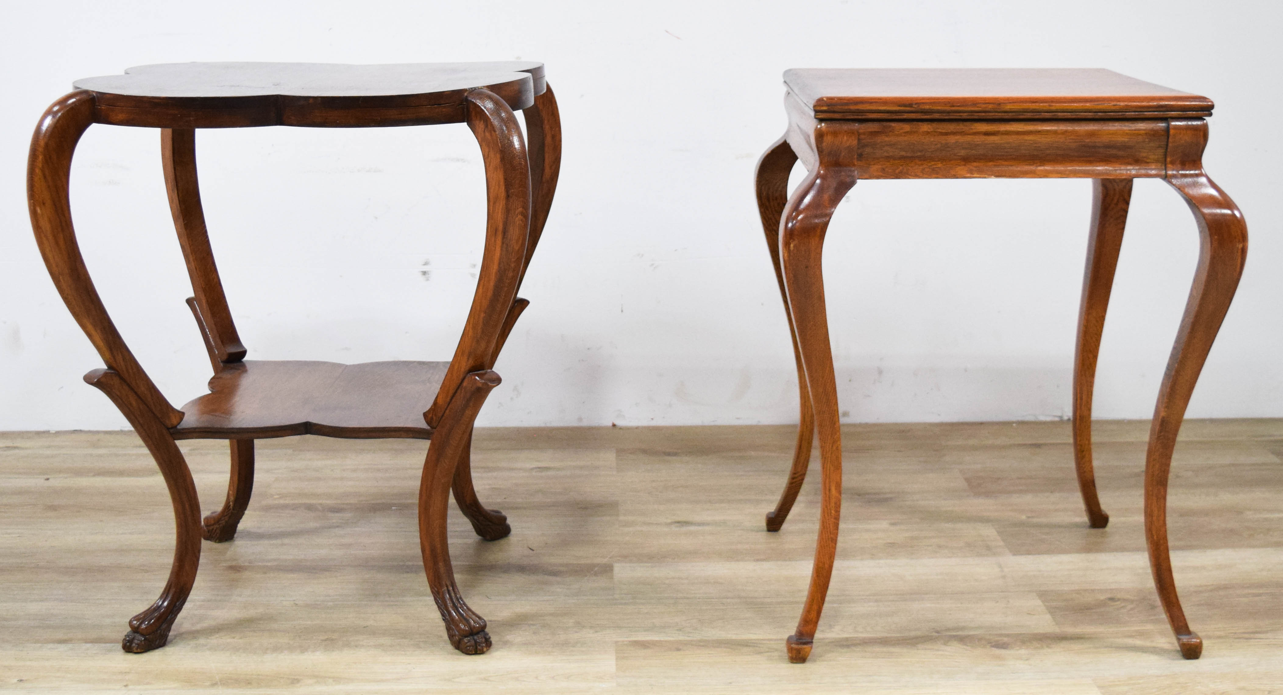 Two Queen Anne Revival Style Oak Side Tables