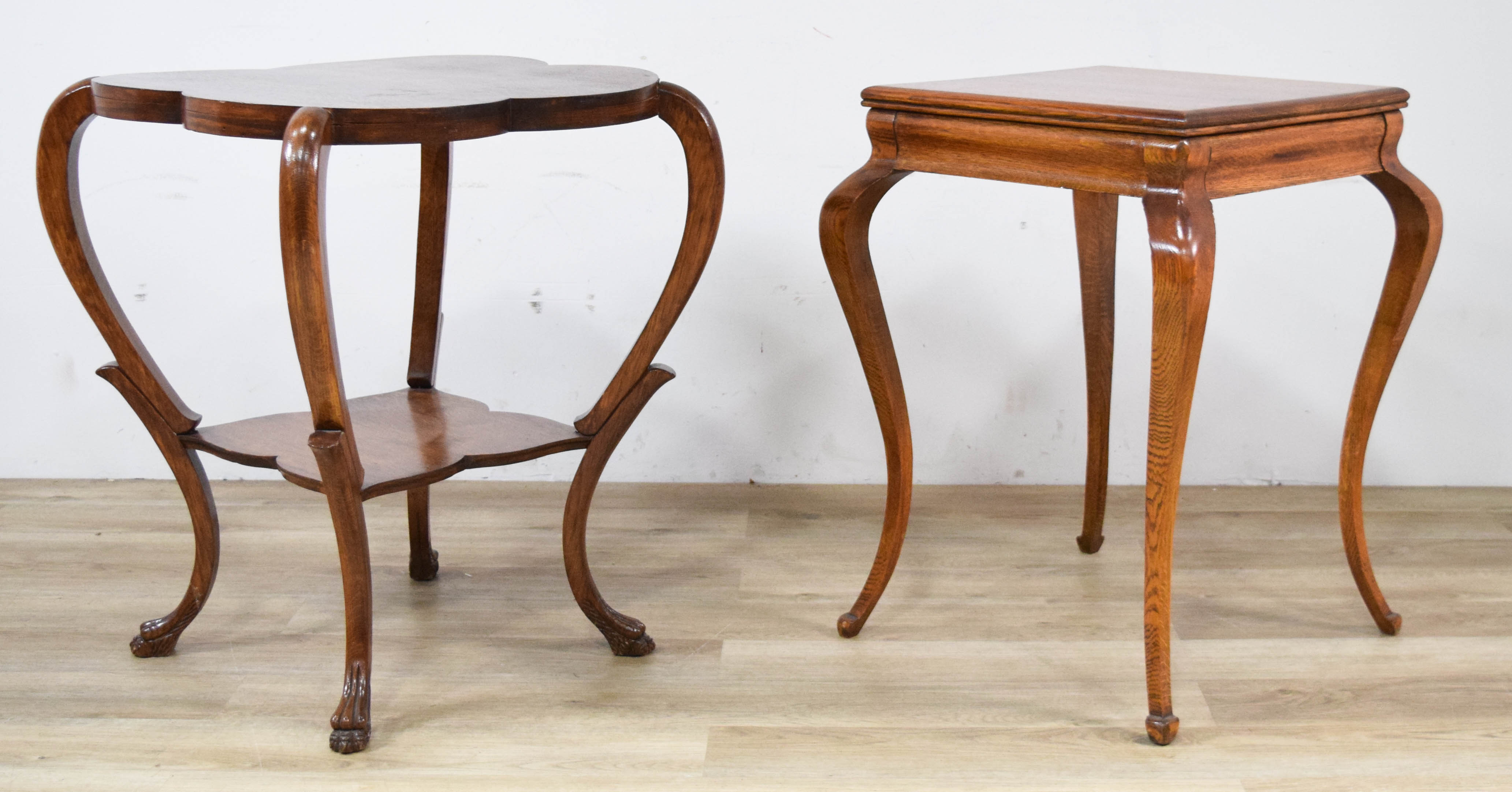 Two Queen Anne Revival Style Oak Side Tables