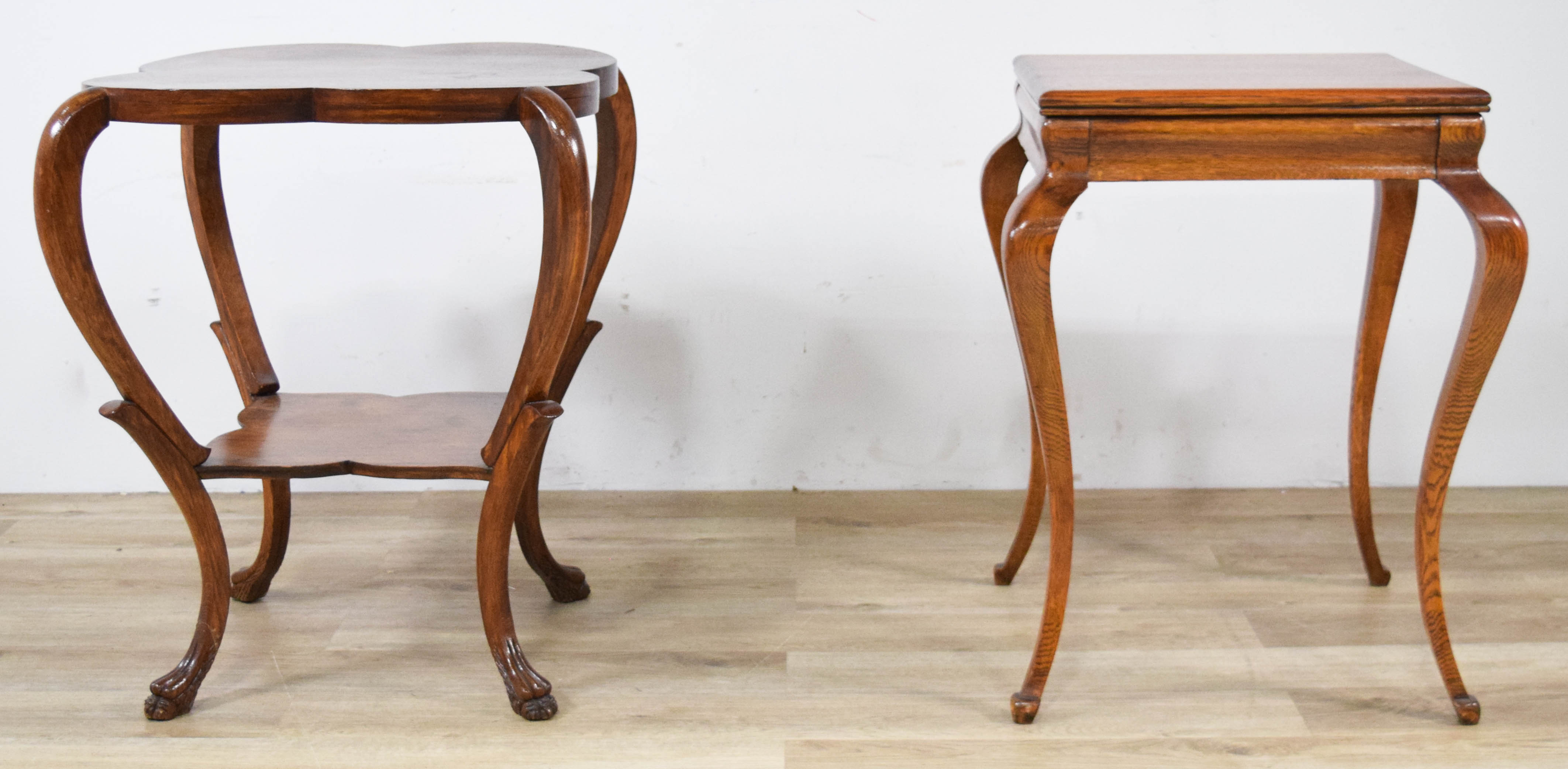 Two Queen Anne Revival Style Oak Side Tables