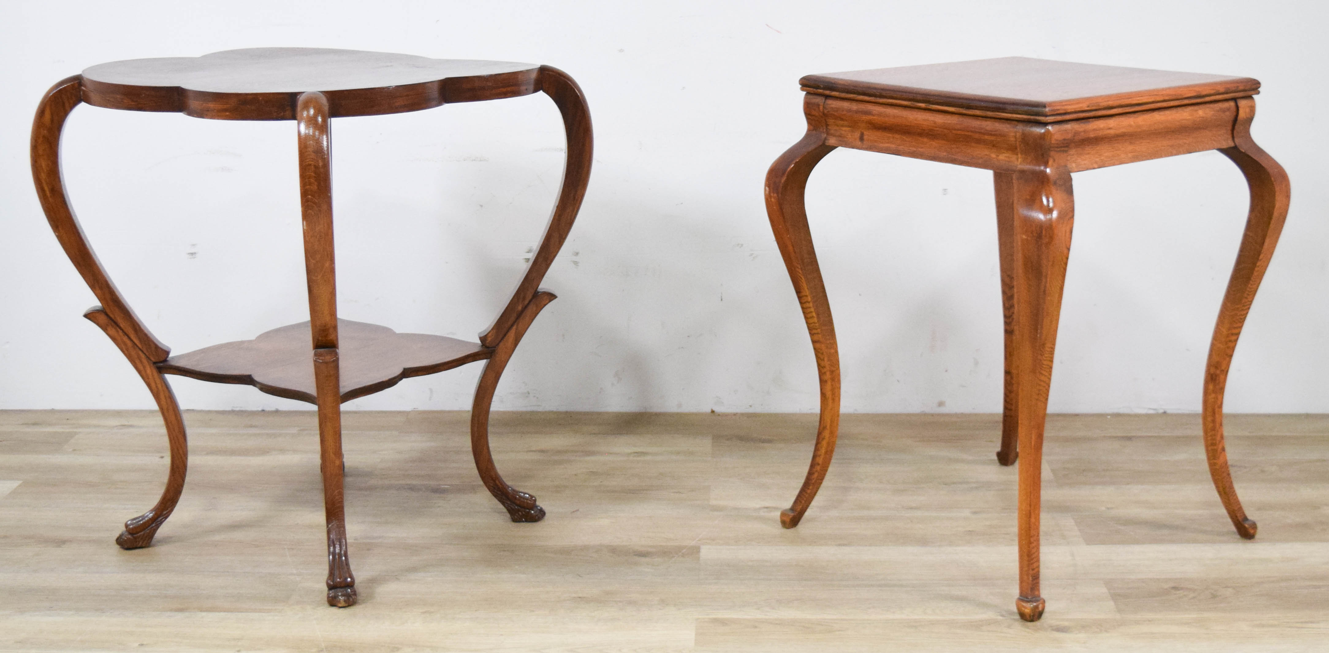 Two Queen Anne Revival Style Oak Side Tables