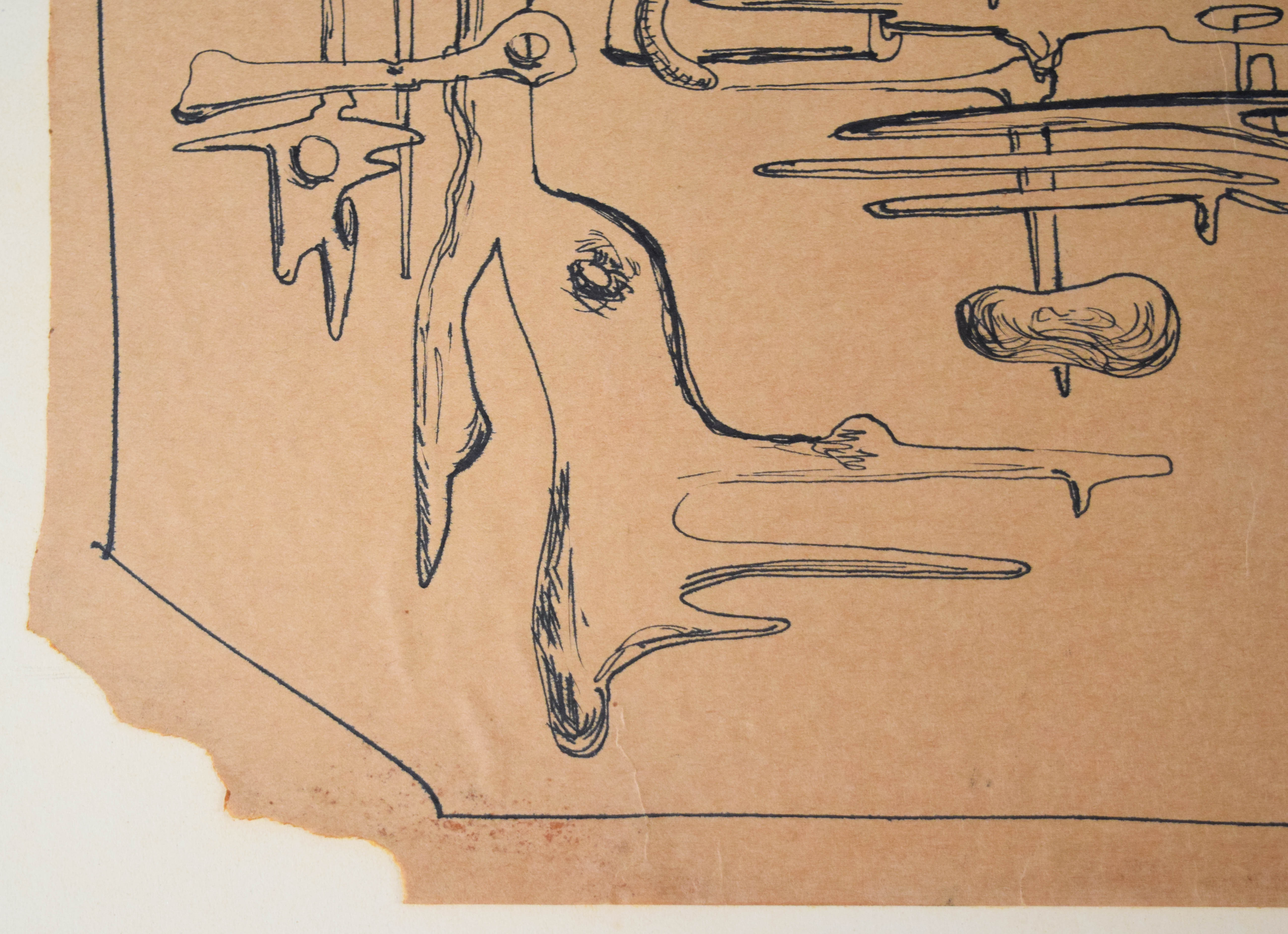 Yves Tanguy Ink Drawing on Paper Abstract Design