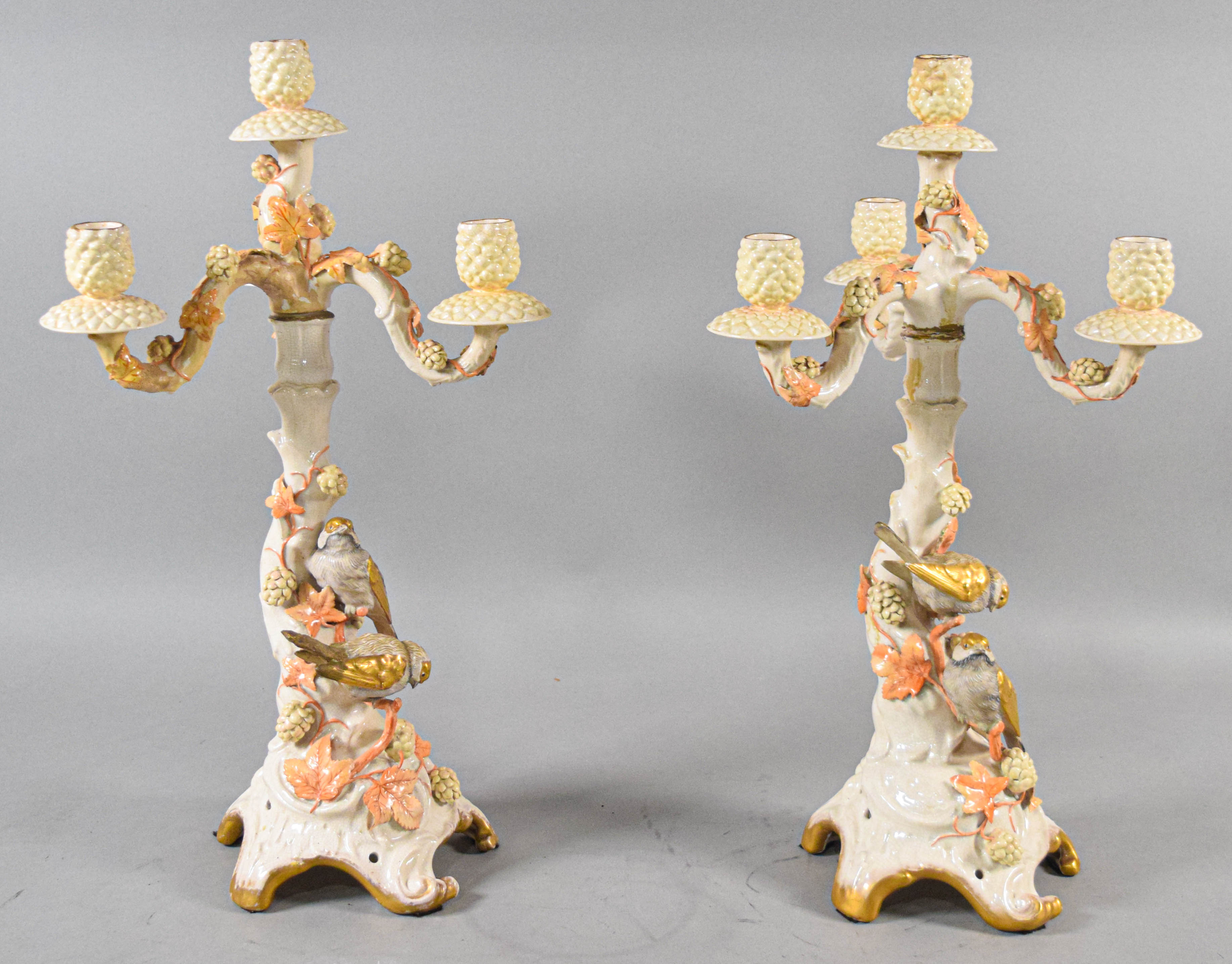 Pair of Large Four-Light Ceramic Tree Trunk Motif Candelabra