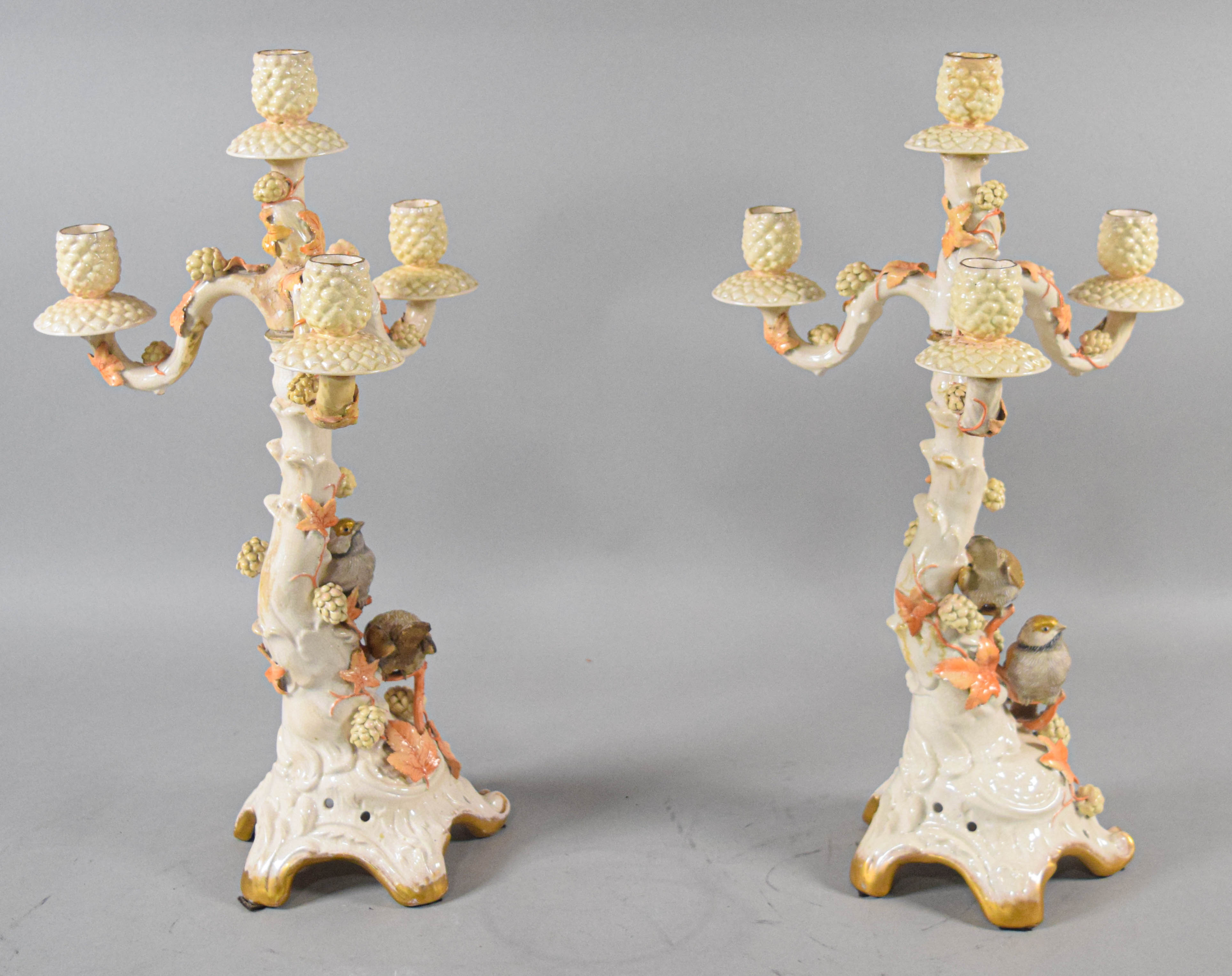 Pair of Large Four-Light Ceramic Tree Trunk Motif Candelabra