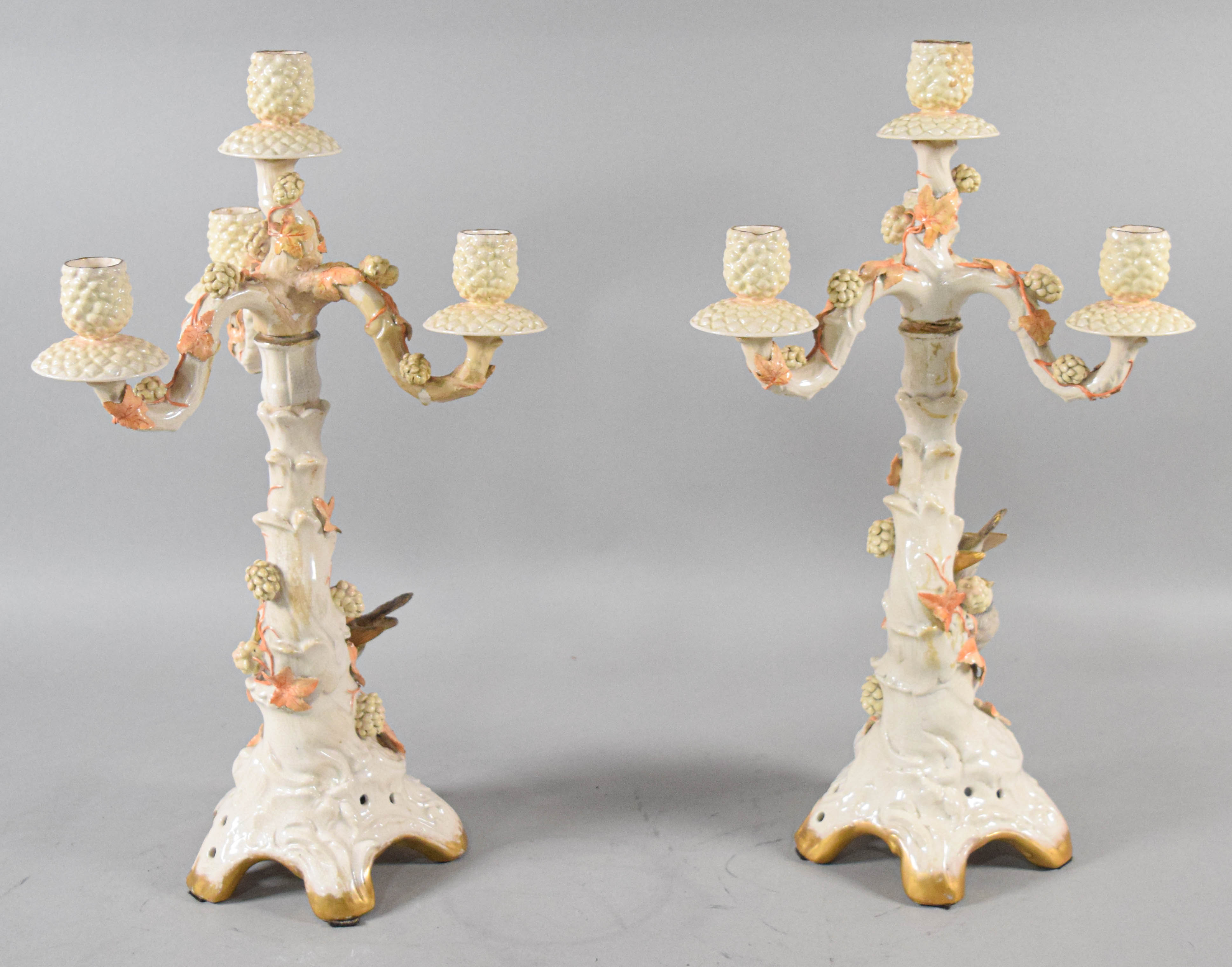 Pair of Large Four-Light Ceramic Tree Trunk Motif Candelabra