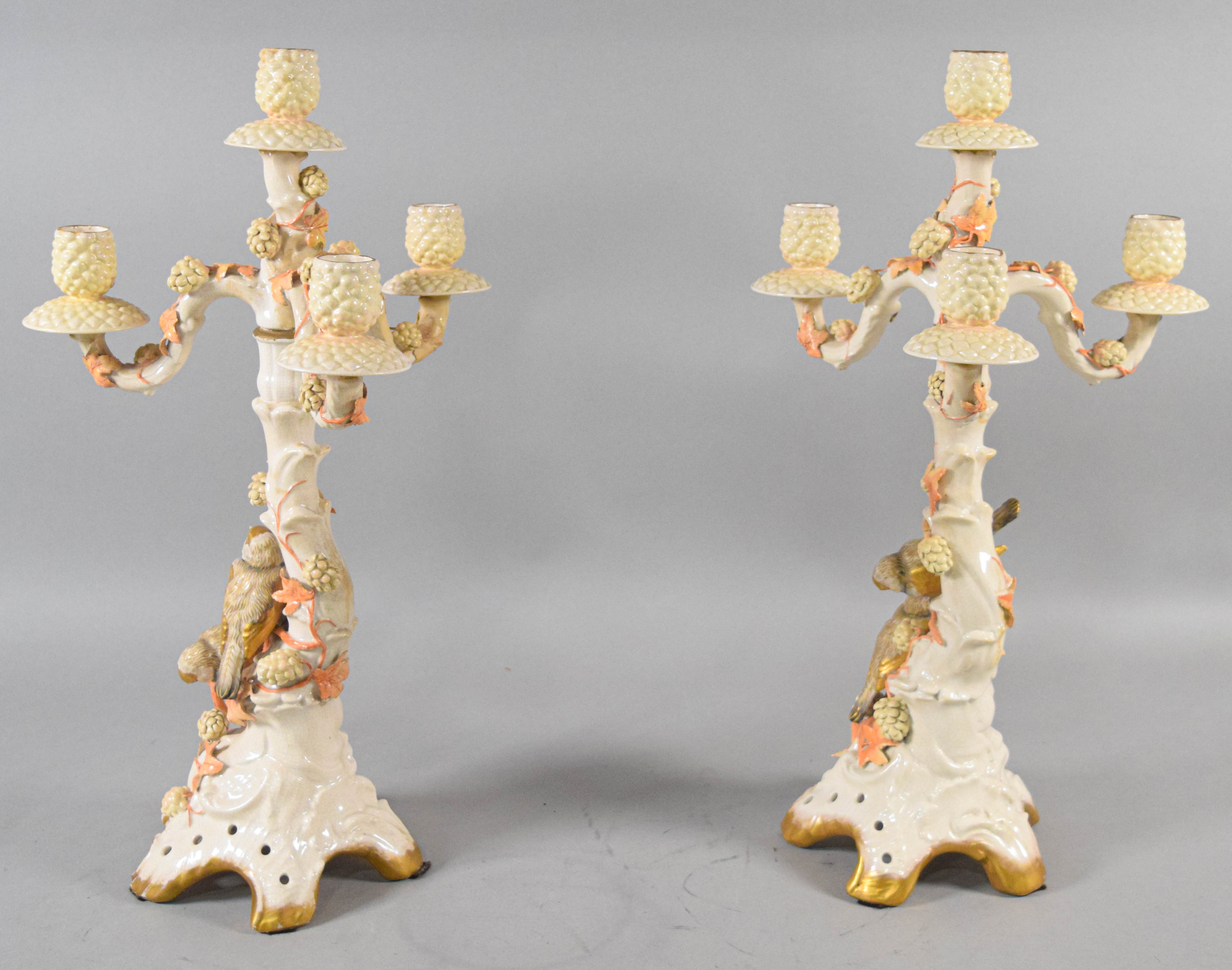 Pair of Large Four-Light Ceramic Tree Trunk Motif Candelabra