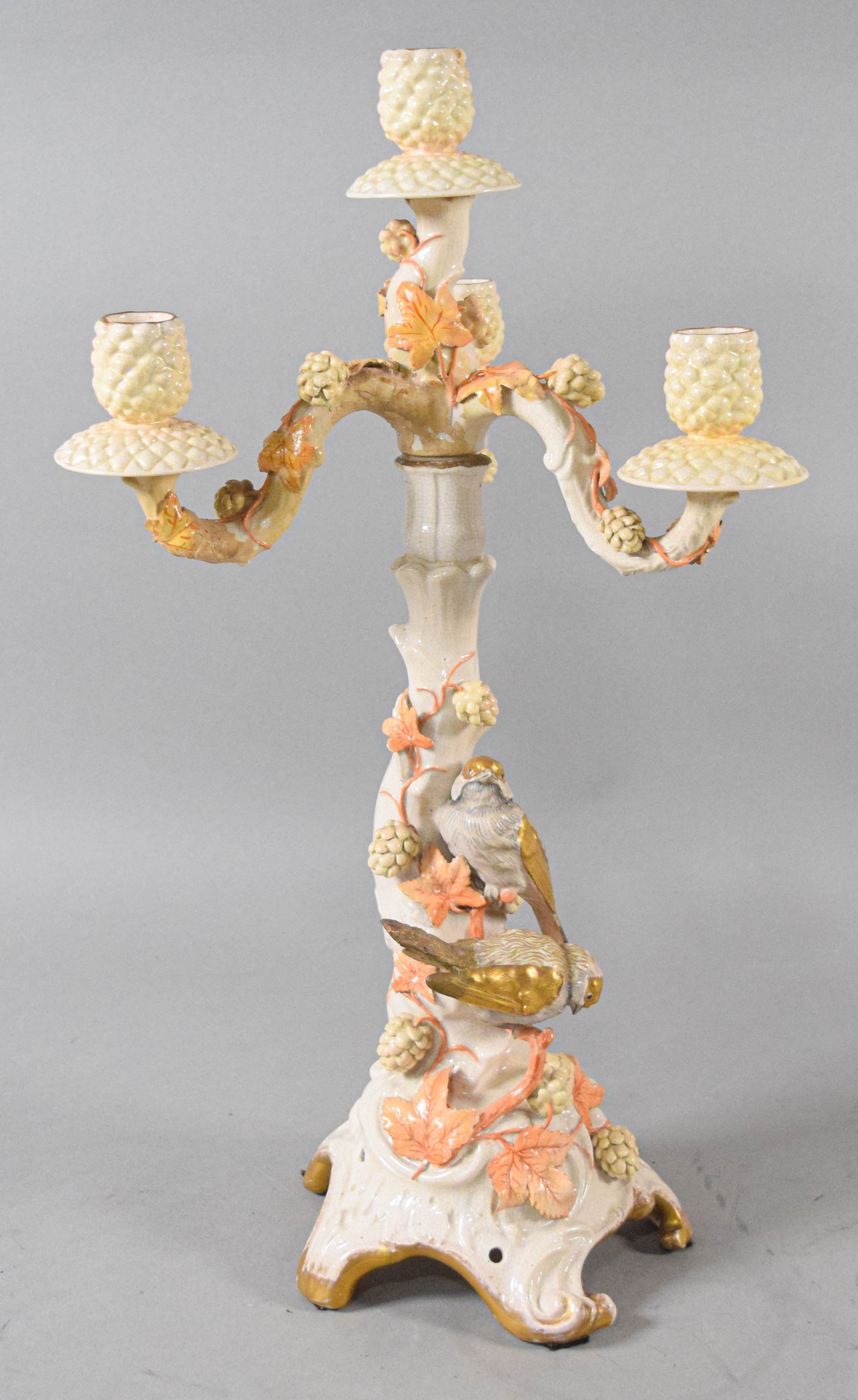 Pair of Large Four-Light Ceramic Tree Trunk Motif Candelabra