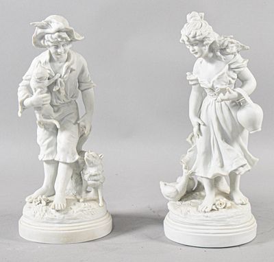 Pair of French Bisque Porcelain Figurines After F. Kessler. A pair of French white bisque 