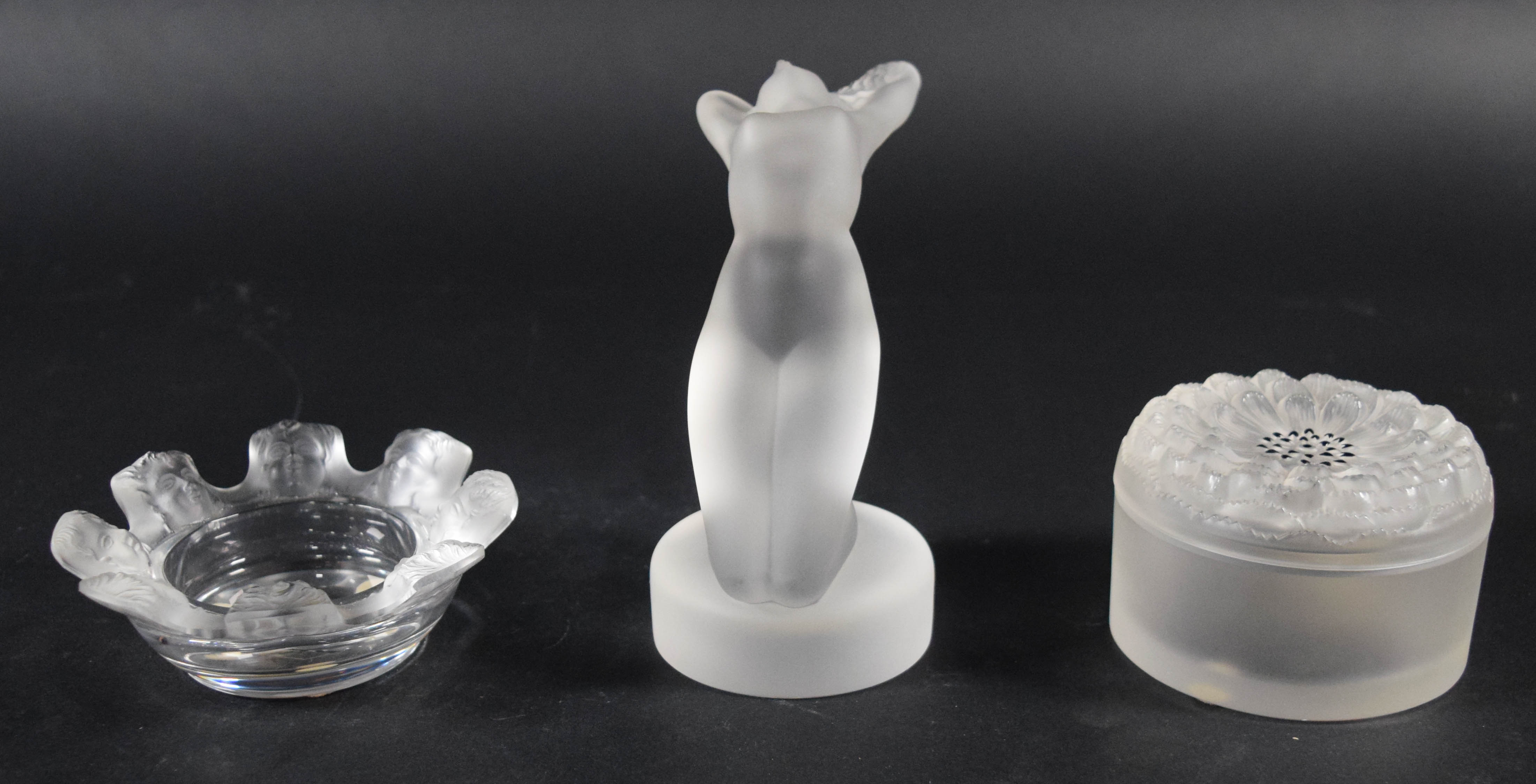 Group of 3 Lalique Frosted and Clear Glass Decorative Pieces