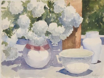 Richard Segalman, Watercolor Still Life with Hydrangeas. This watercolor on paper by American 