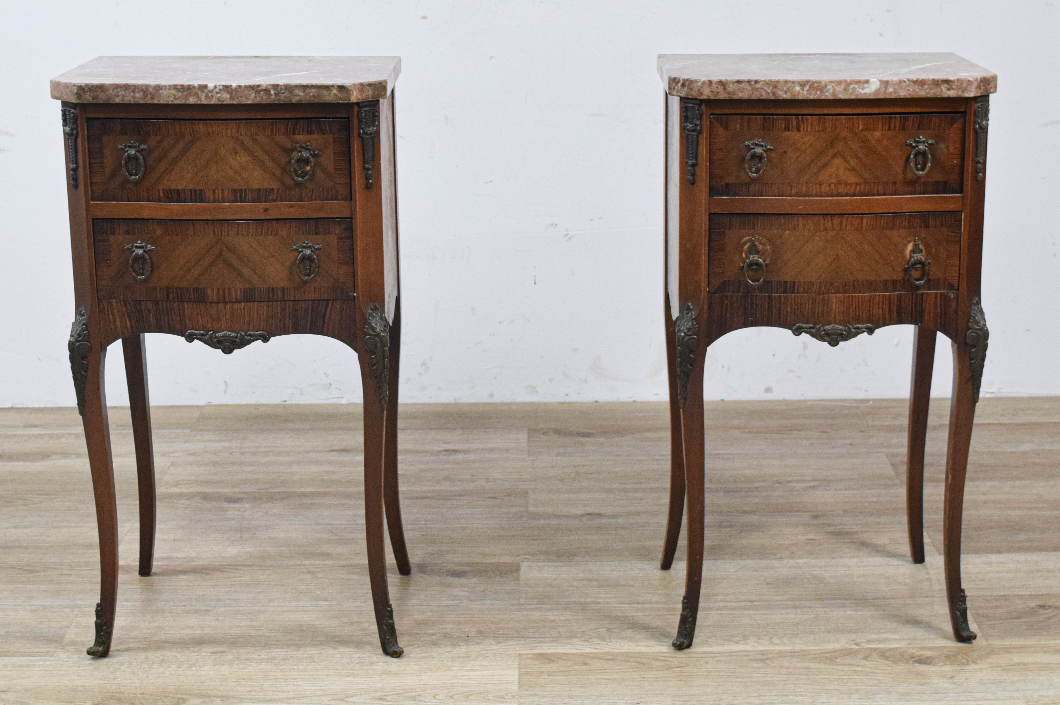 A Pair of French Louis XV Style Marble-Top Parquetry End Tables
