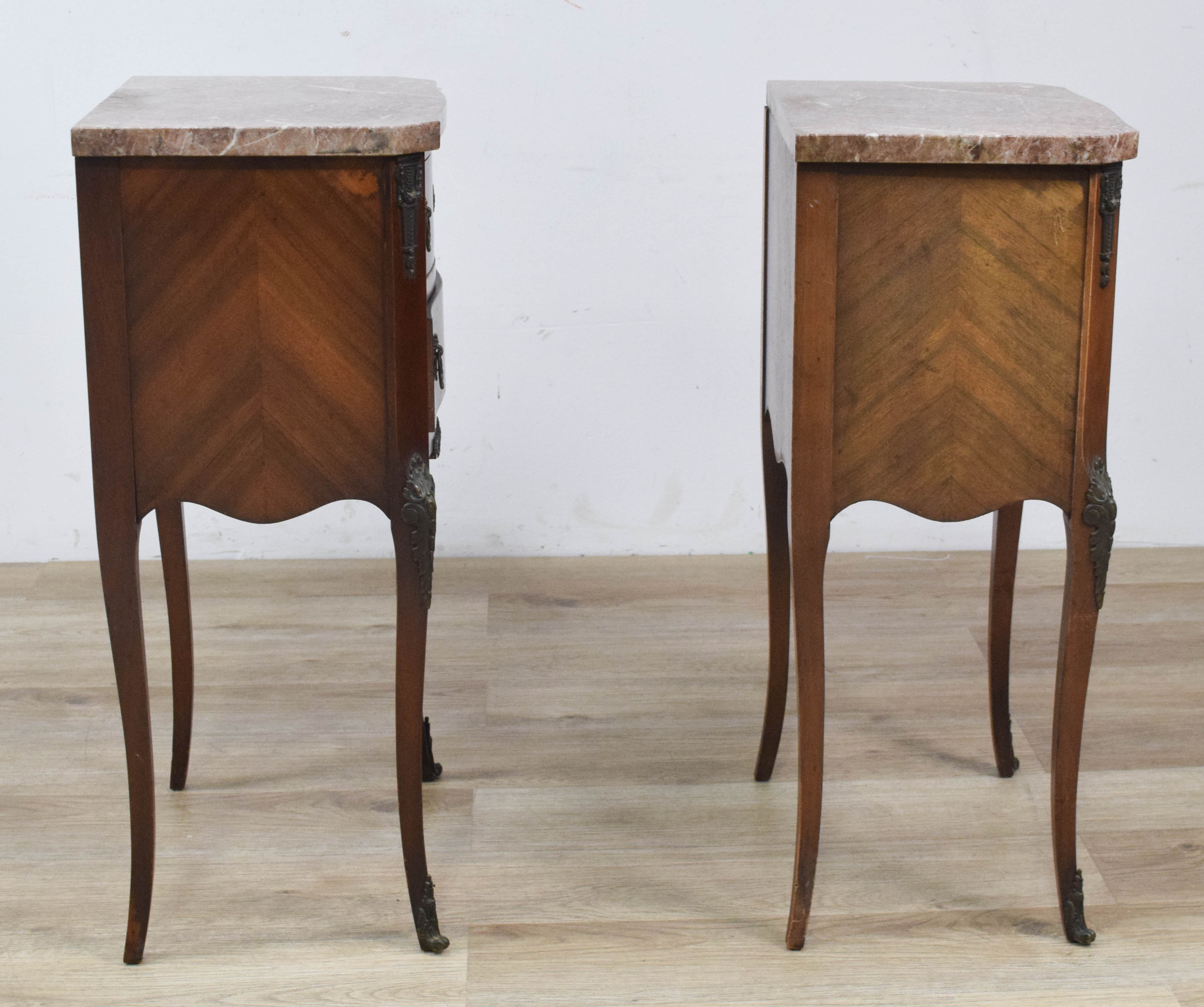 A Pair of French Louis XV Style Marble-Top Parquetry End Tables