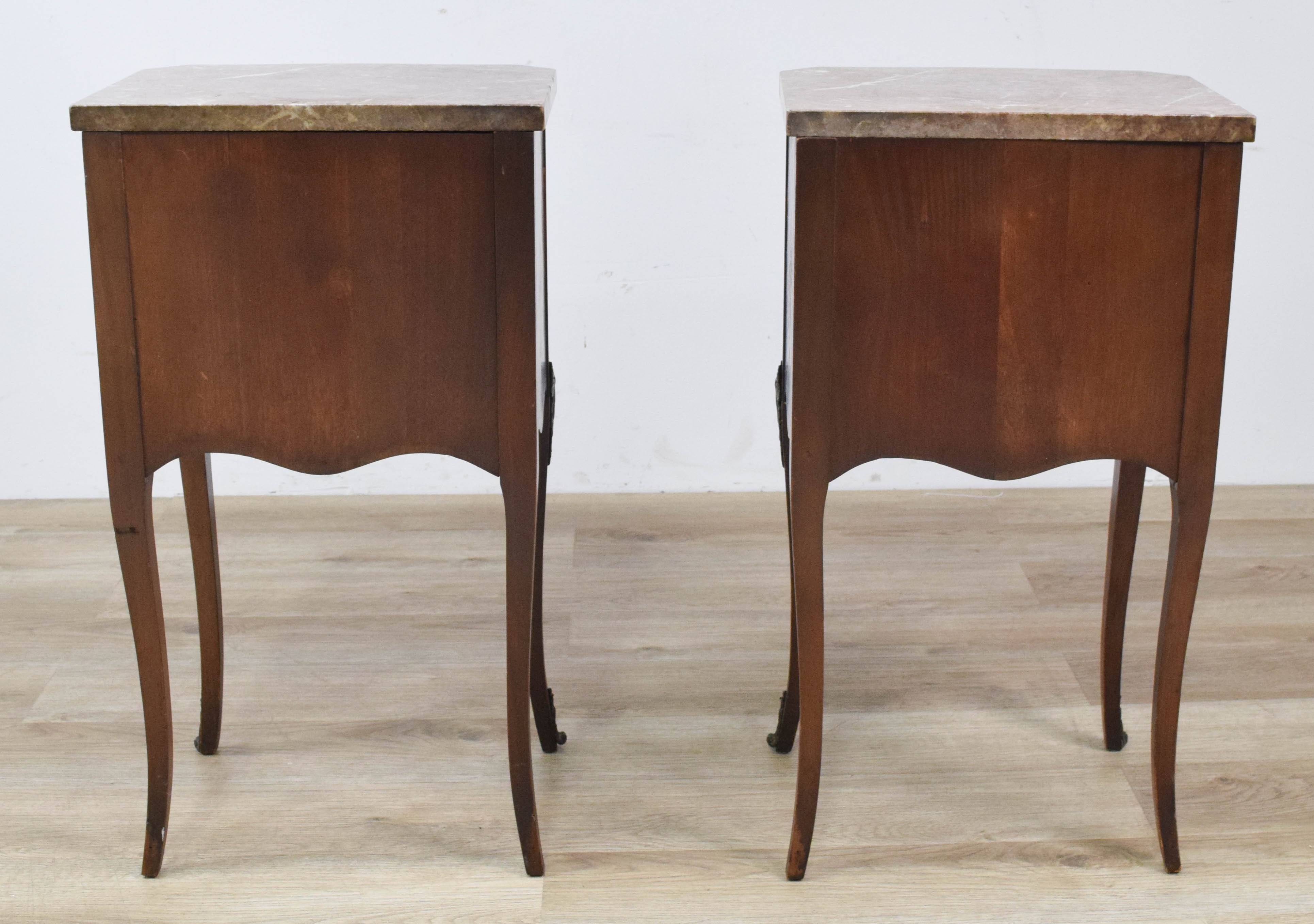 A Pair of French Louis XV Style Marble-Top Parquetry End Tables