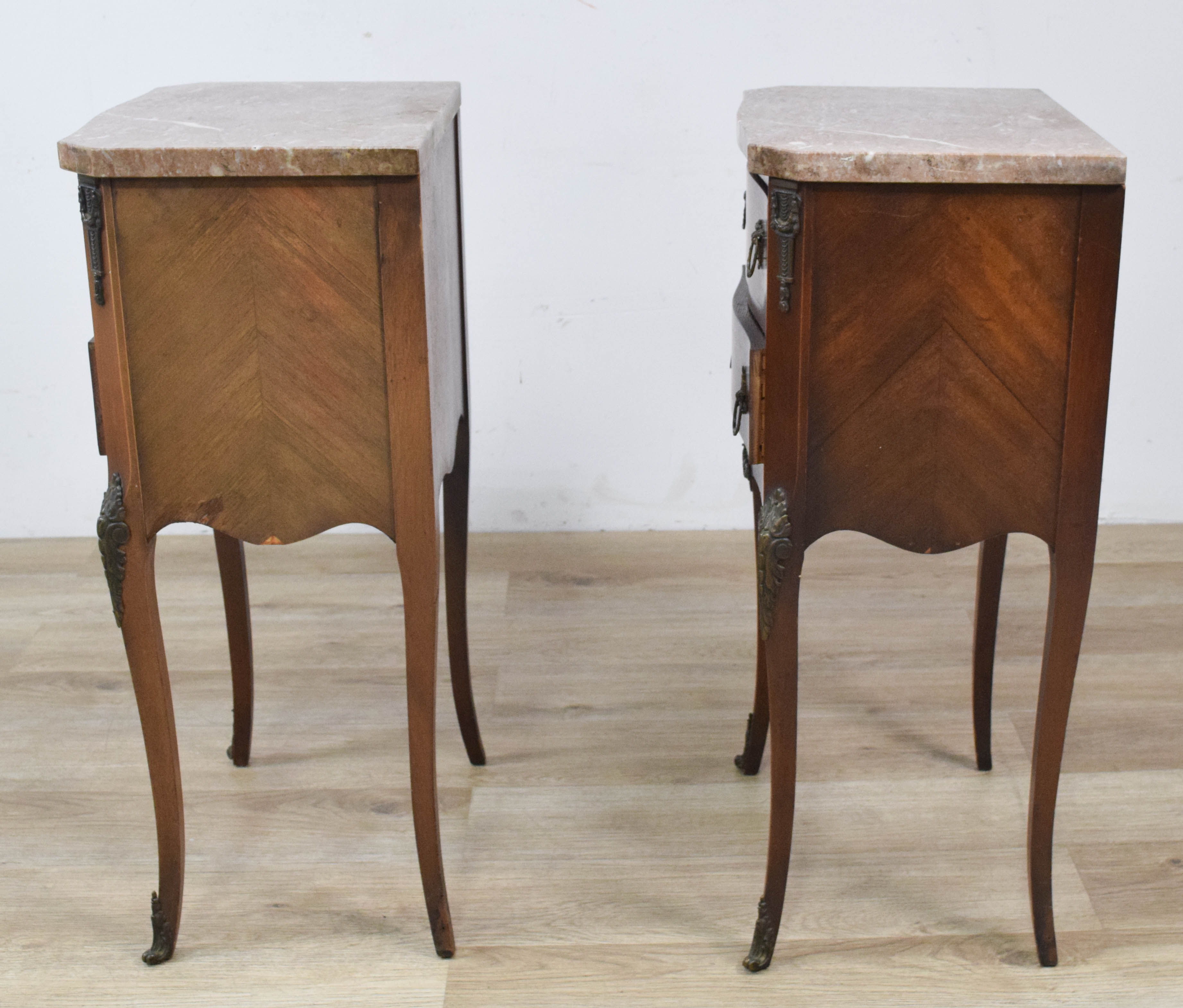 A Pair of French Louis XV Style Marble-Top Parquetry End Tables
