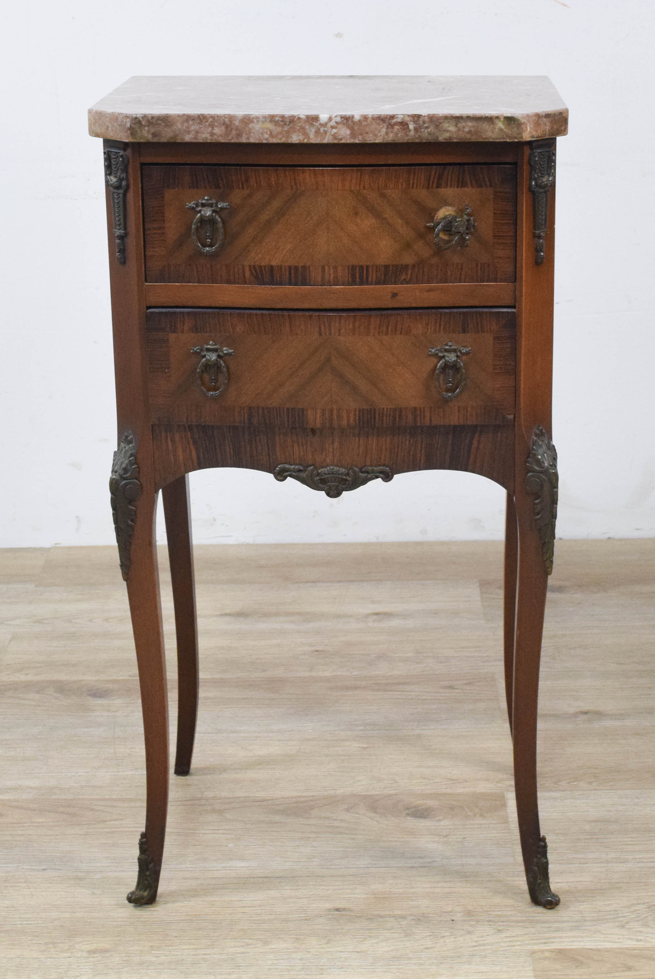 A Pair of French Louis XV Style Marble-Top Parquetry End Tables