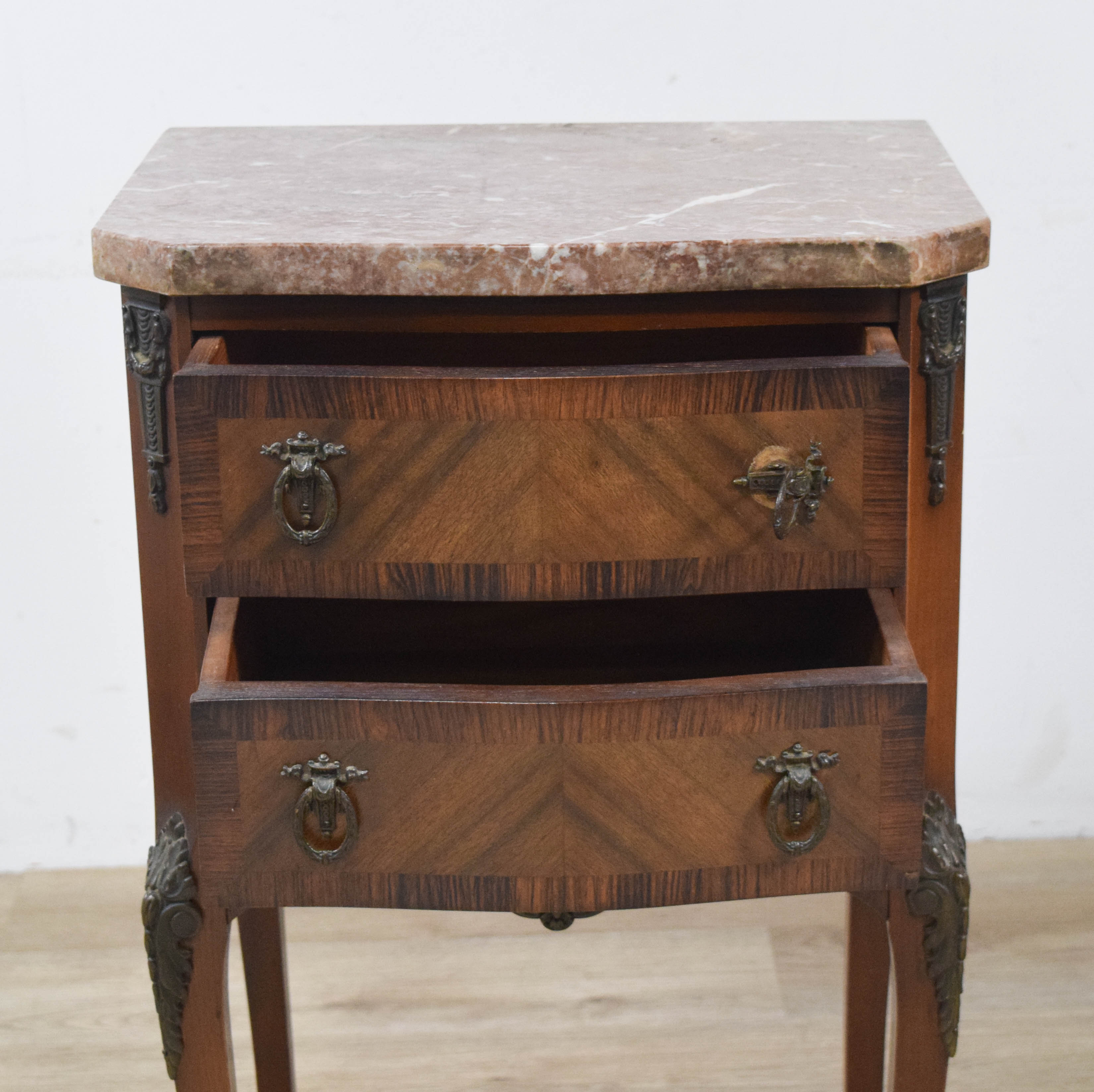 A Pair of French Louis XV Style Marble-Top Parquetry End Tables
