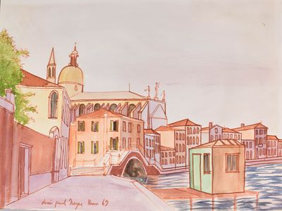 Denis-Paul Noyer, Venice Canal Scene, Original Watercolor and Ink, 1969. Denis-Paul Noyer 