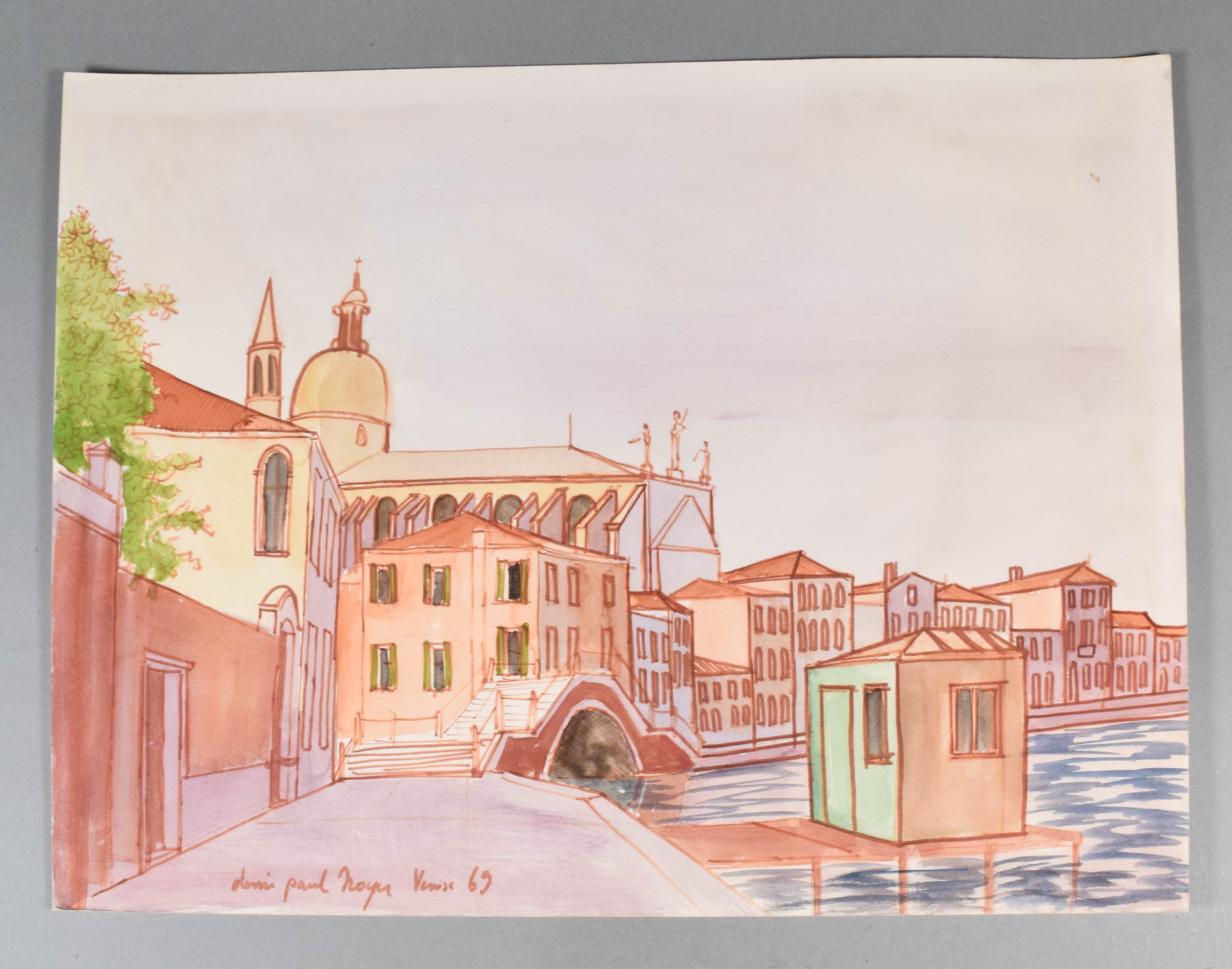 Denis-Paul Noyer, Venice Canal Scene, Original Watercolor and Ink, 1969