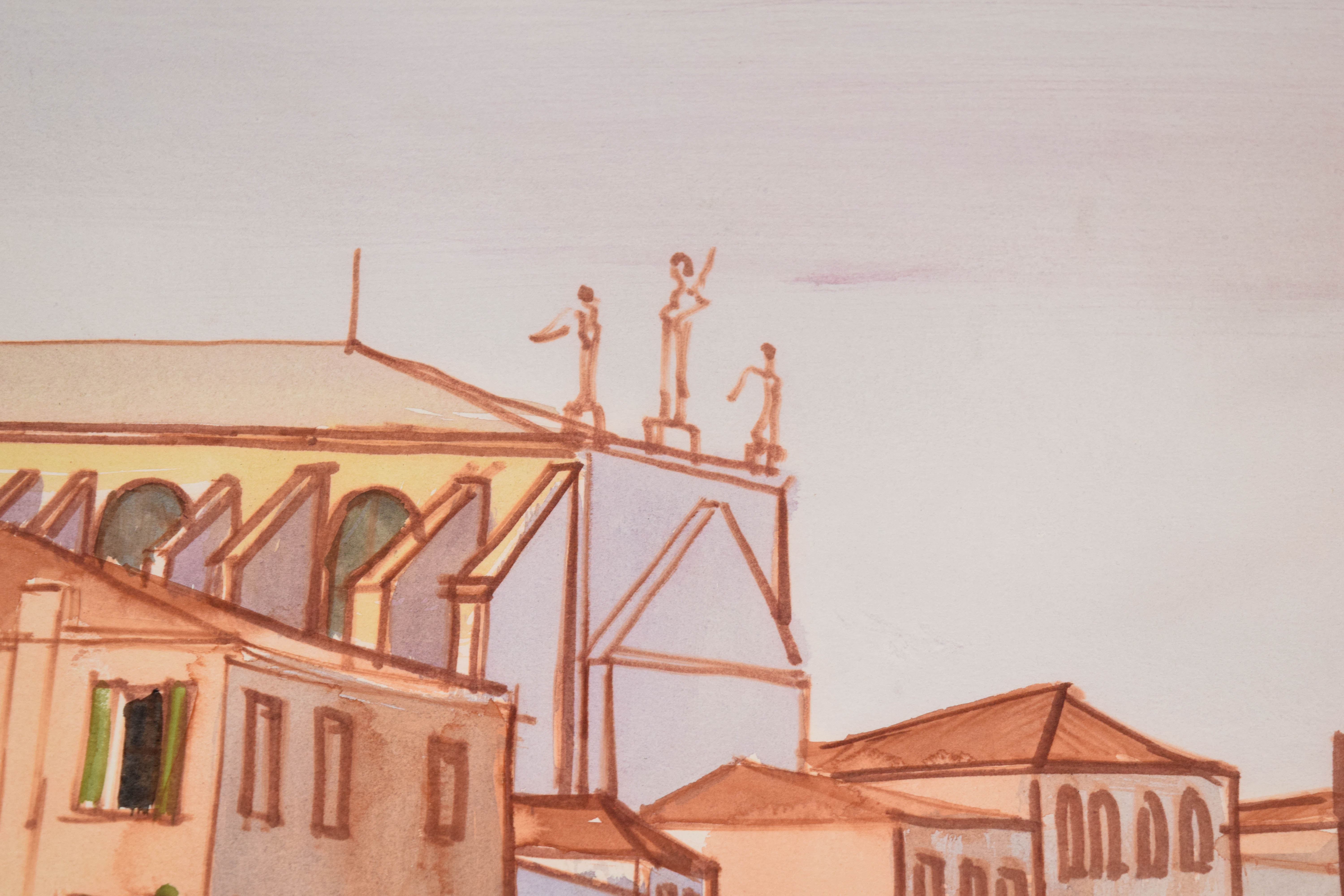 Denis-Paul Noyer, Venice Canal Scene, Original Watercolor and Ink, 1969