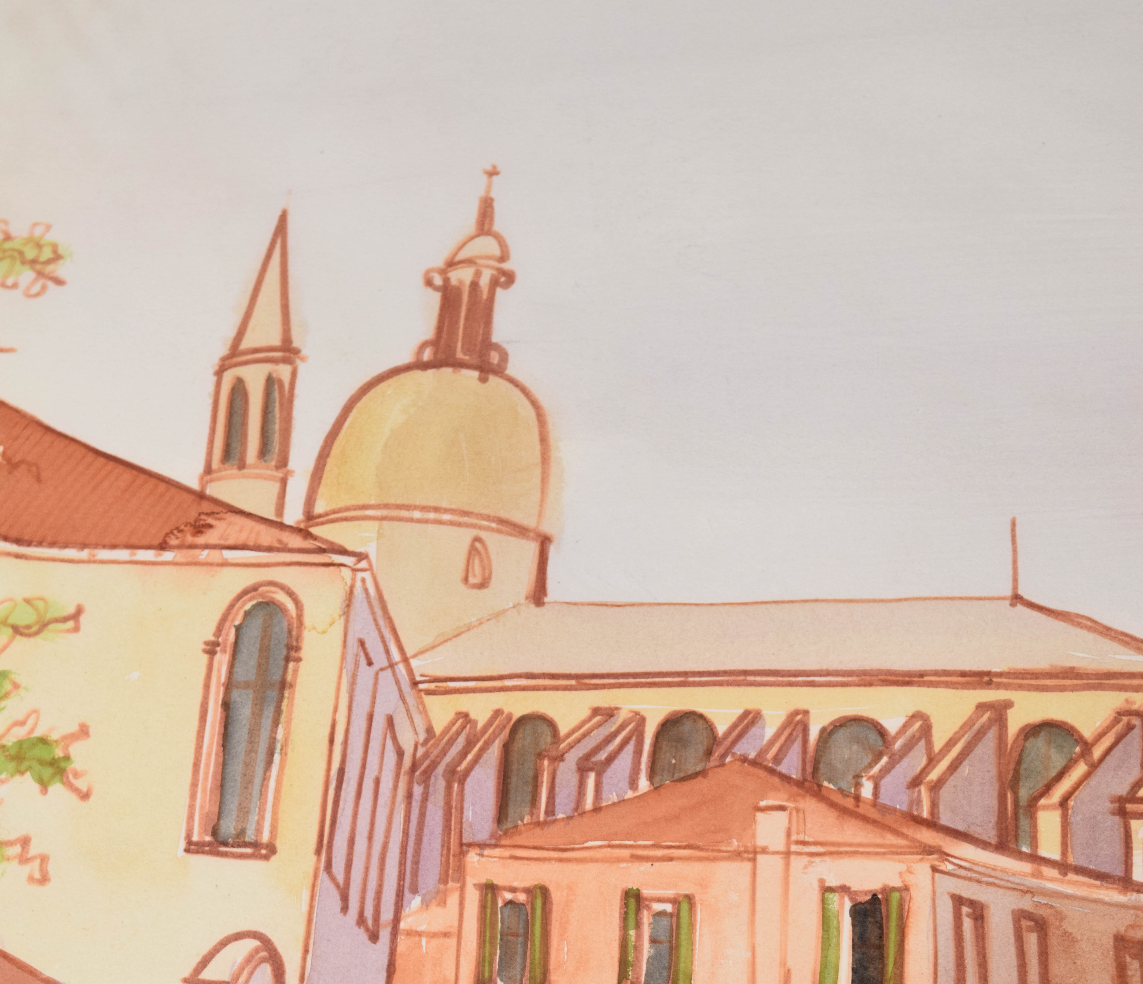 Denis-Paul Noyer, Venice Canal Scene, Original Watercolor and Ink, 1969