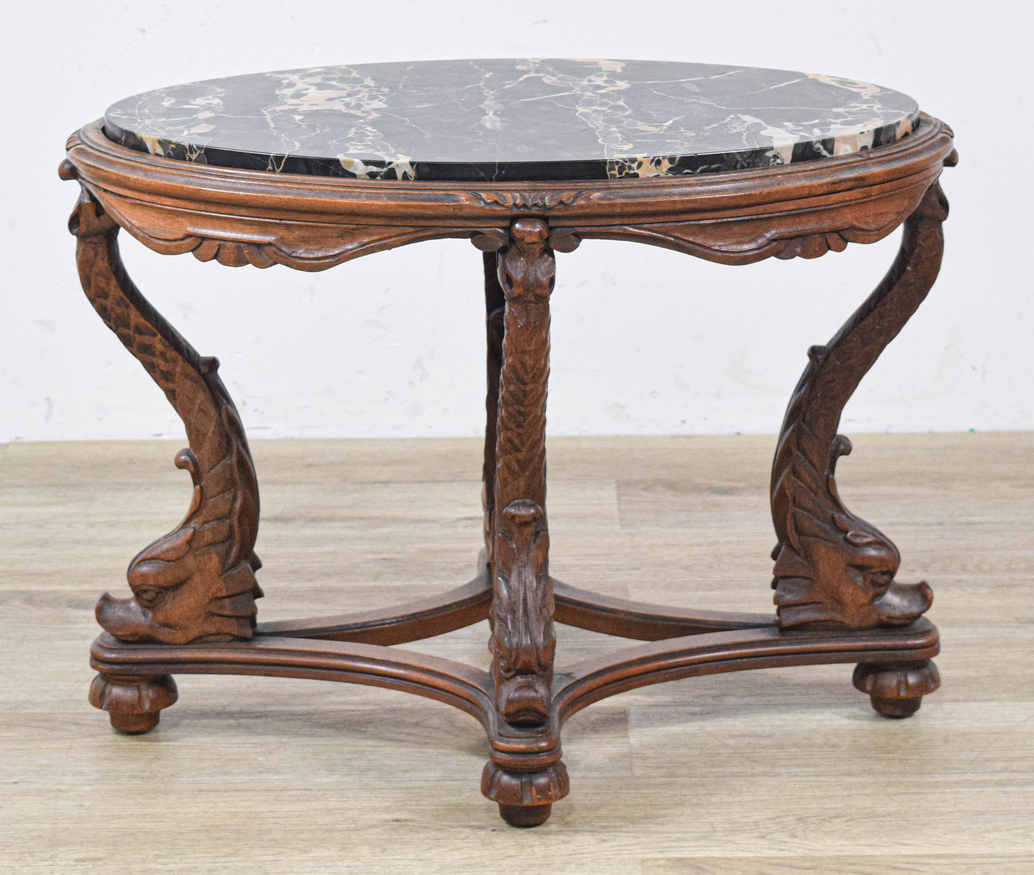 Louis XV Style Portoro Marble Top Occasional Table with Carved Dolphin Base