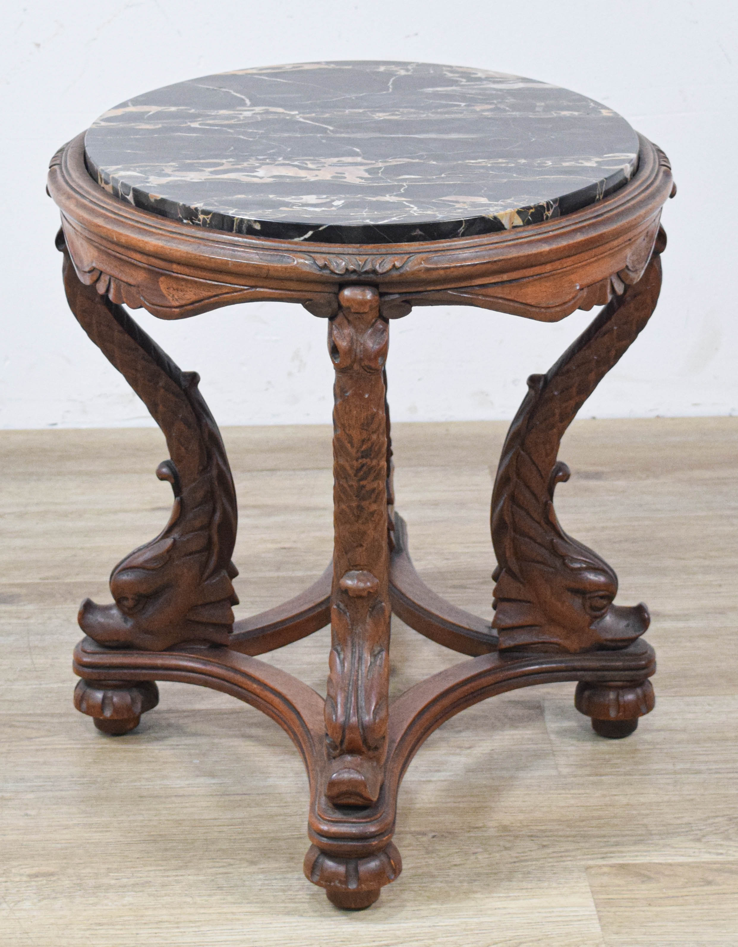 Louis XV Style Portoro Marble Top Occasional Table with Carved Dolphin Base