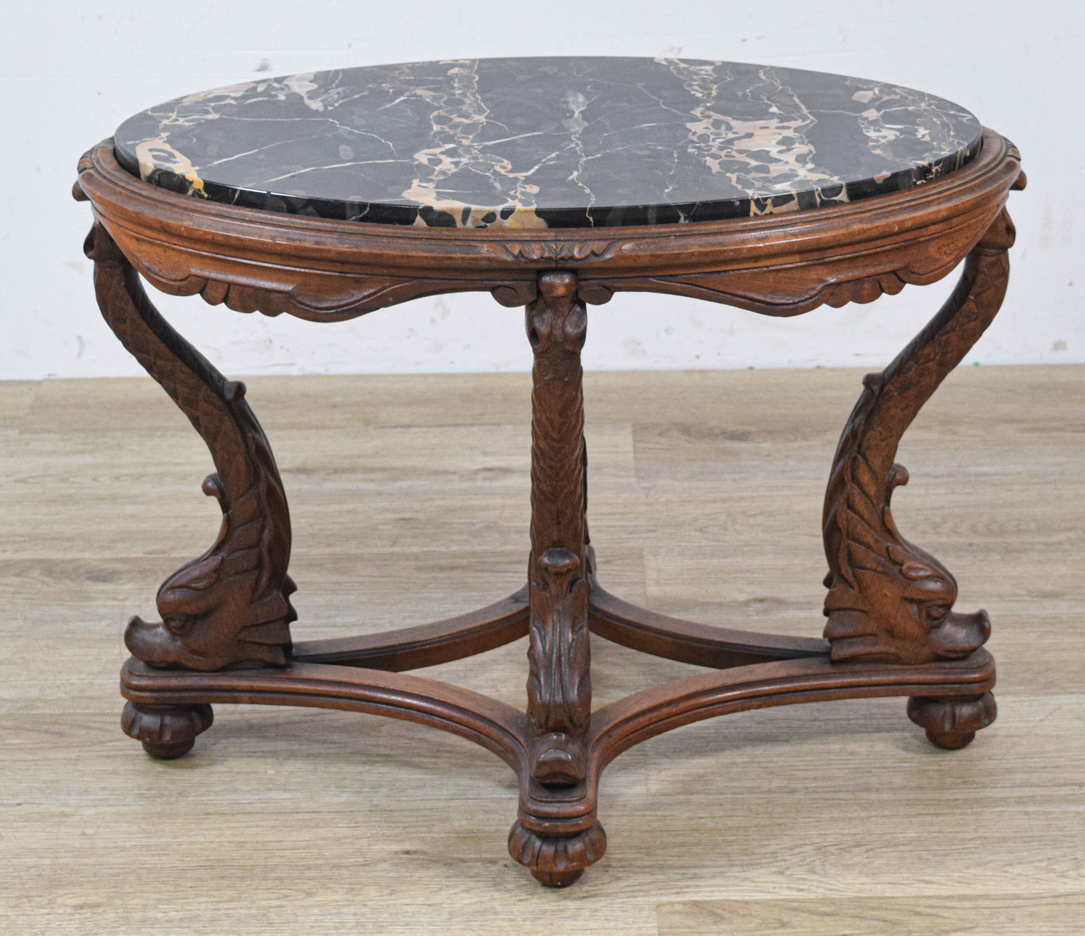 Louis XV Style Portoro Marble Top Occasional Table with Carved Dolphin Base