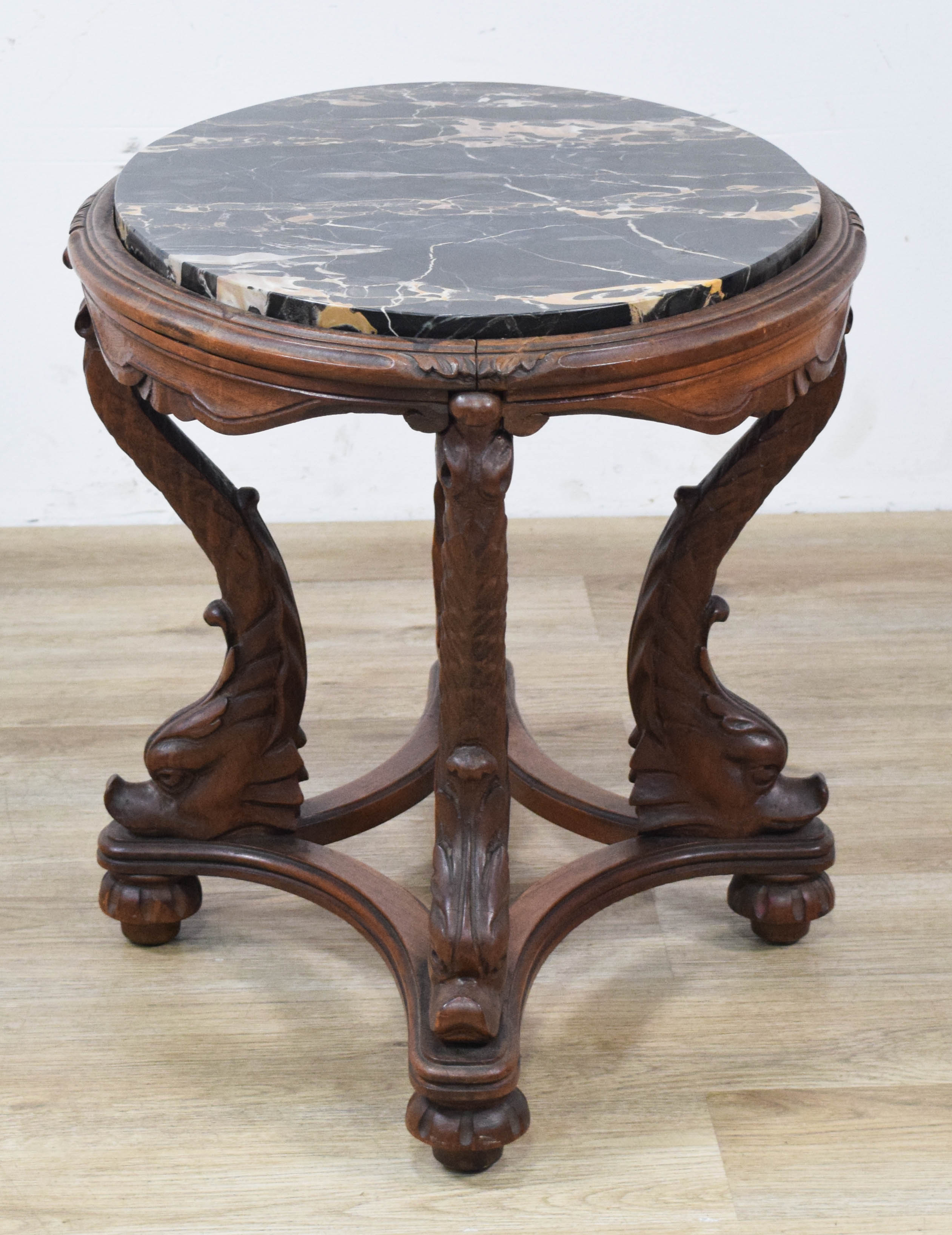 Louis XV Style Portoro Marble Top Occasional Table with Carved Dolphin Base
