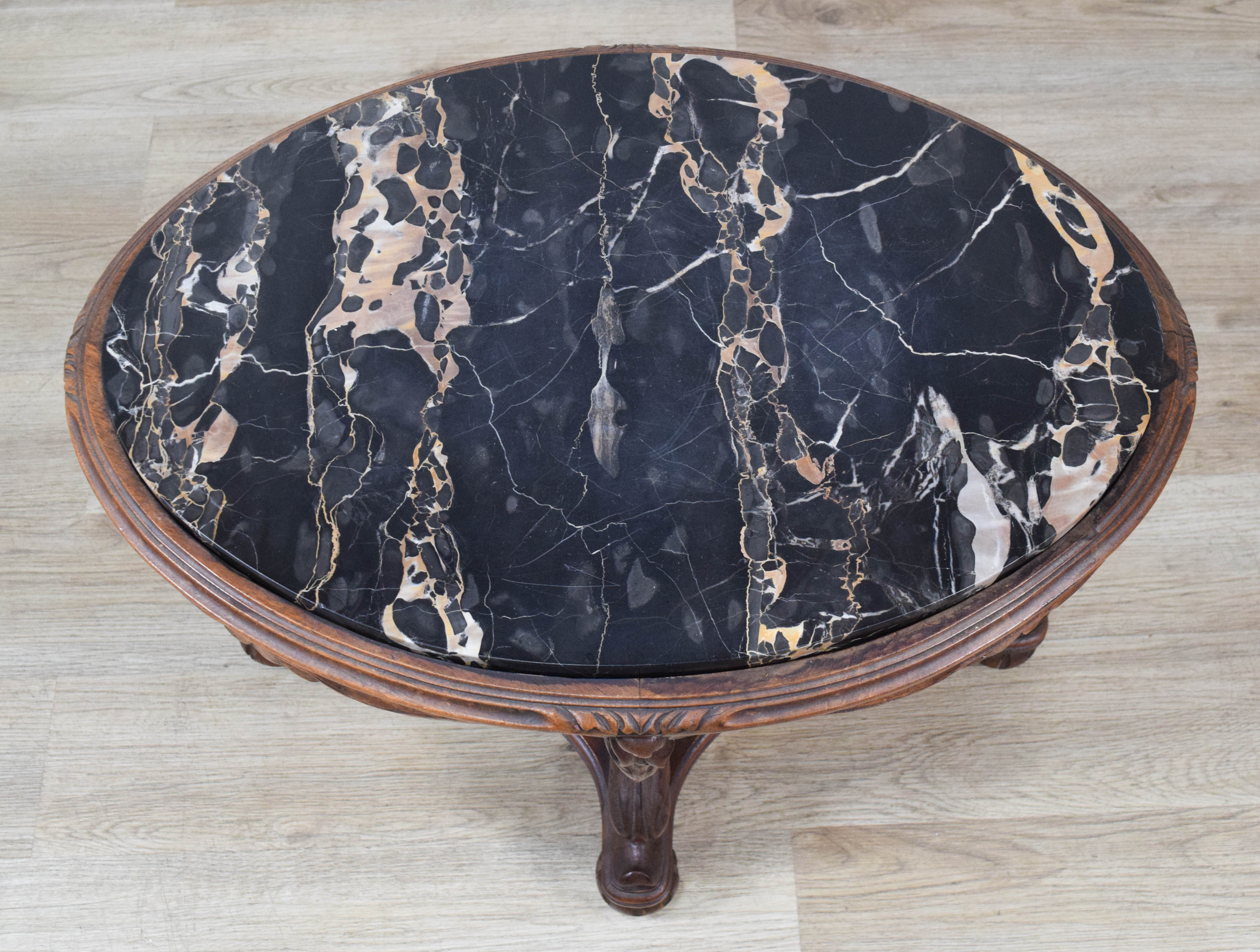 Louis XV Style Portoro Marble Top Occasional Table with Carved Dolphin Base