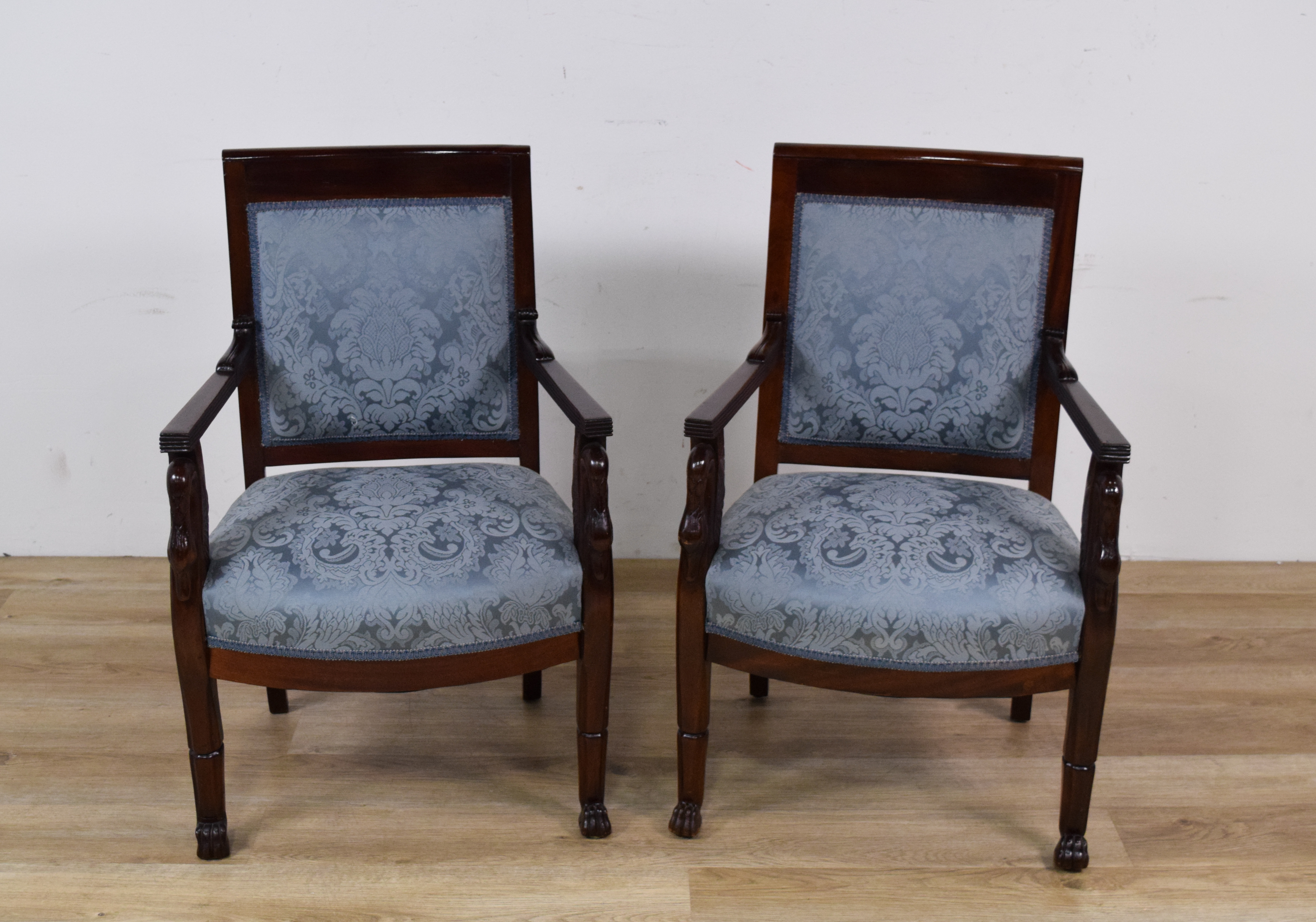 Pair of Victorian Empire Revival Mahogany Swan Neck Armchairs