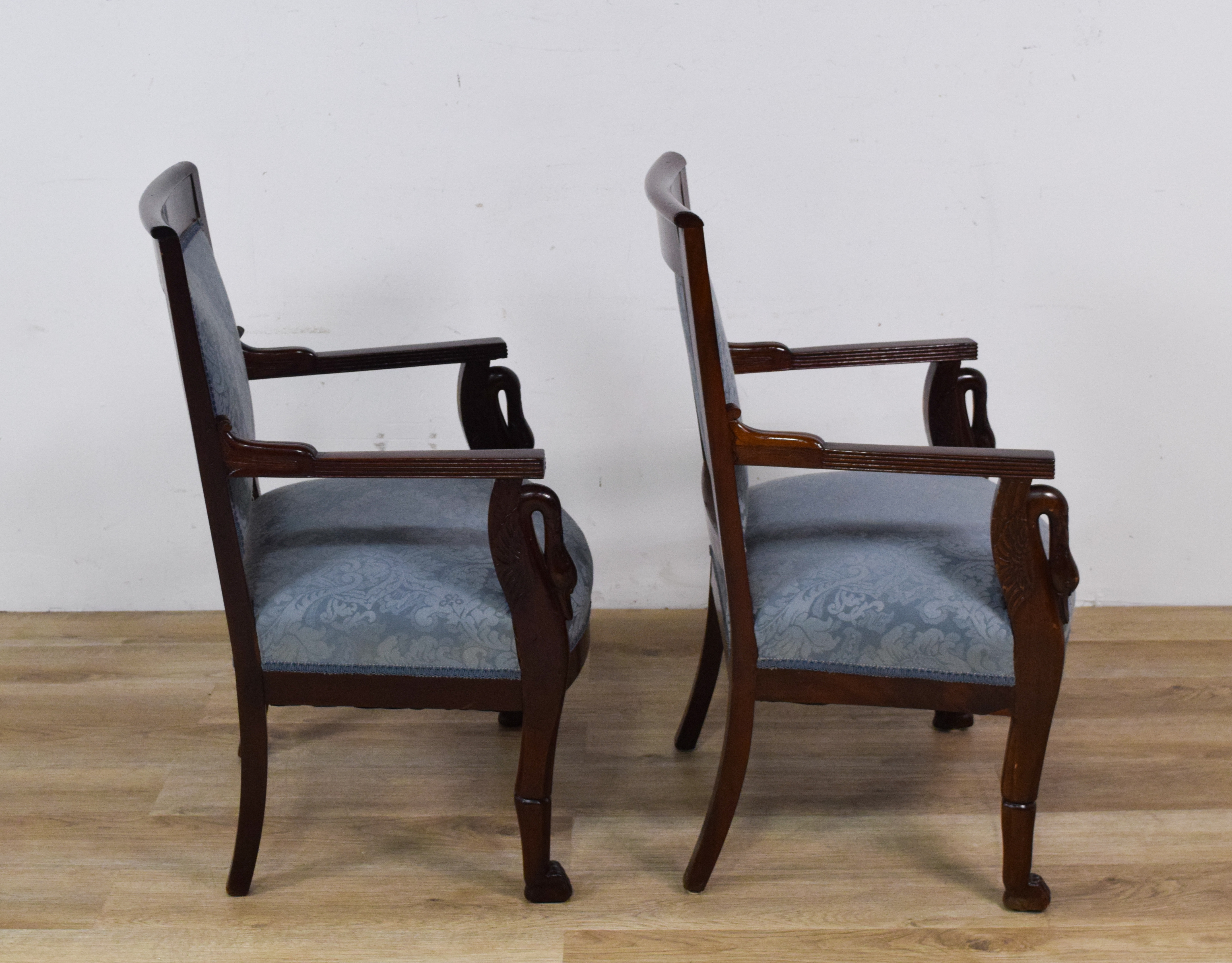 Pair of Victorian Empire Revival Mahogany Swan Neck Armchairs