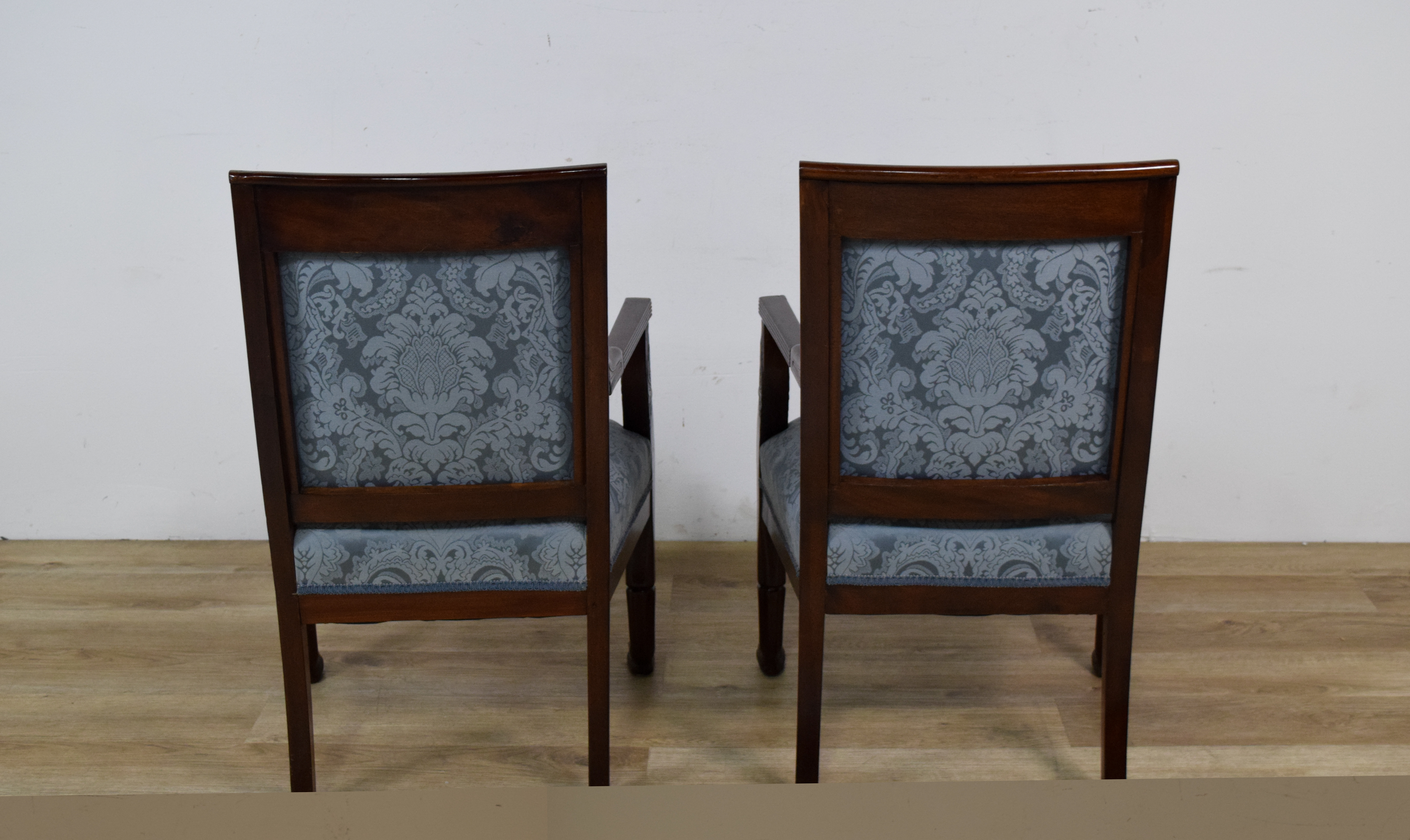 Pair of Victorian Empire Revival Mahogany Swan Neck Armchairs